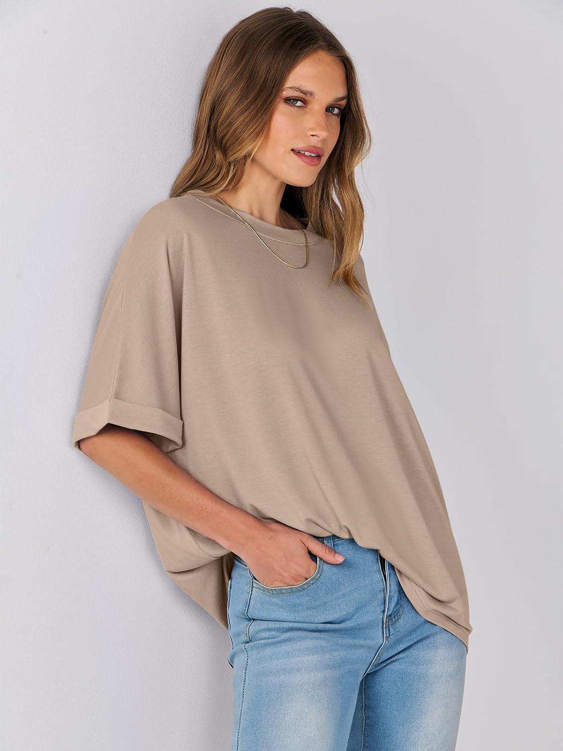 imageANRABESS Womens Tops Oversized T Shirts Short Sleeve Crewneck Summer Casual Loose Basic Tee Shirt 2025 Trendy Fashion ClothesKhaki