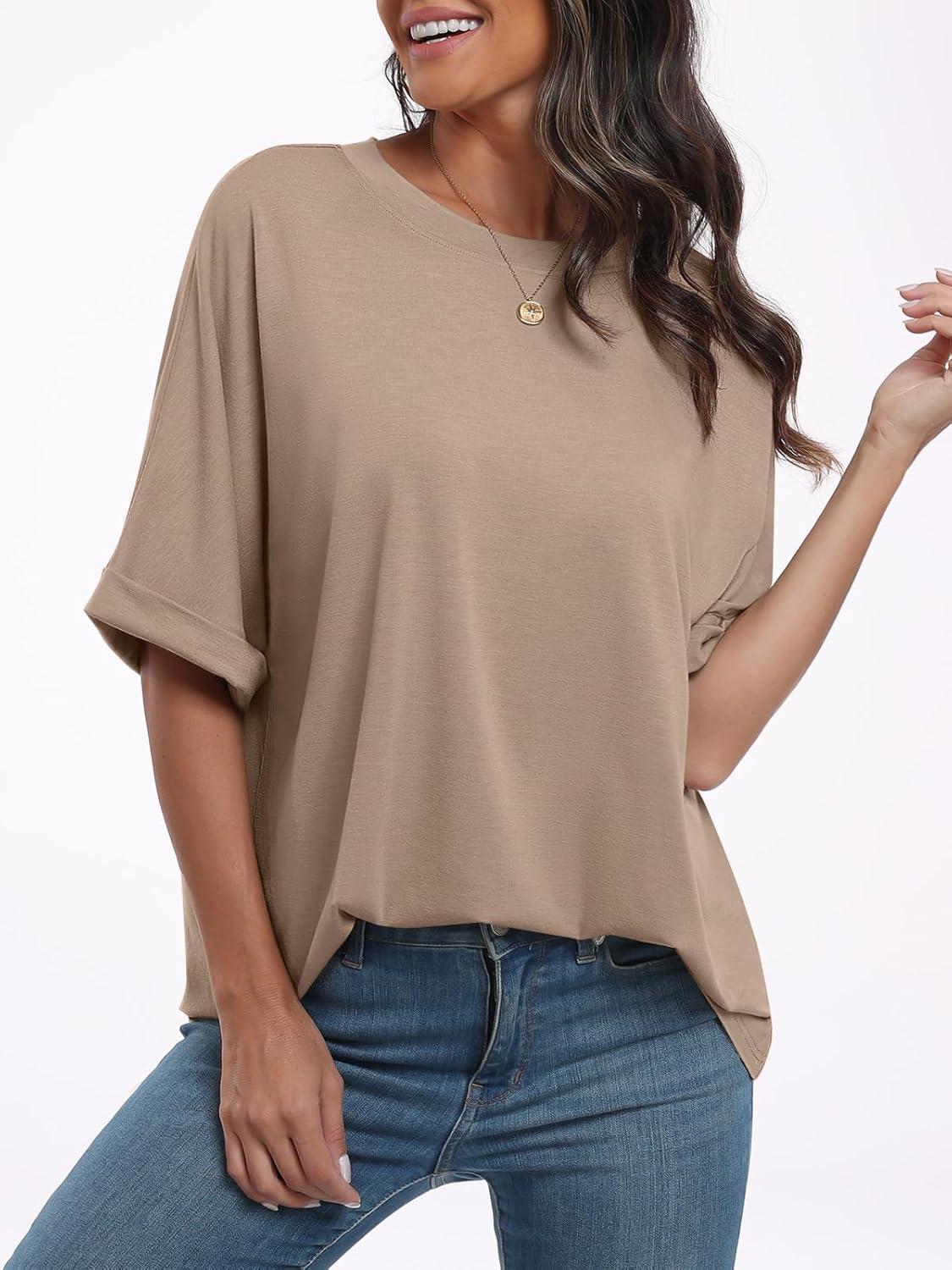 imageANRABESS Womens Tops Oversized T Shirts Short Sleeve Crewneck Summer Casual Loose Basic Tee Shirt 2025 Trendy Fashion ClothesKhaki