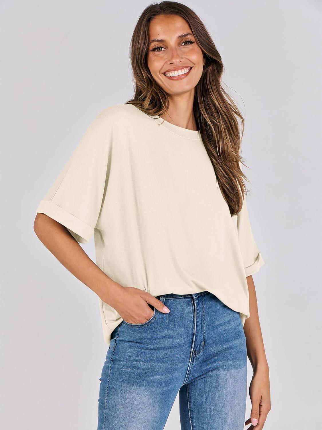 imageANRABESS Womens Tops Oversized T Shirts Short Sleeve Crewneck Summer Casual Loose Basic Tee Shirt 2025 Trendy Fashion ClothesLight Apricot