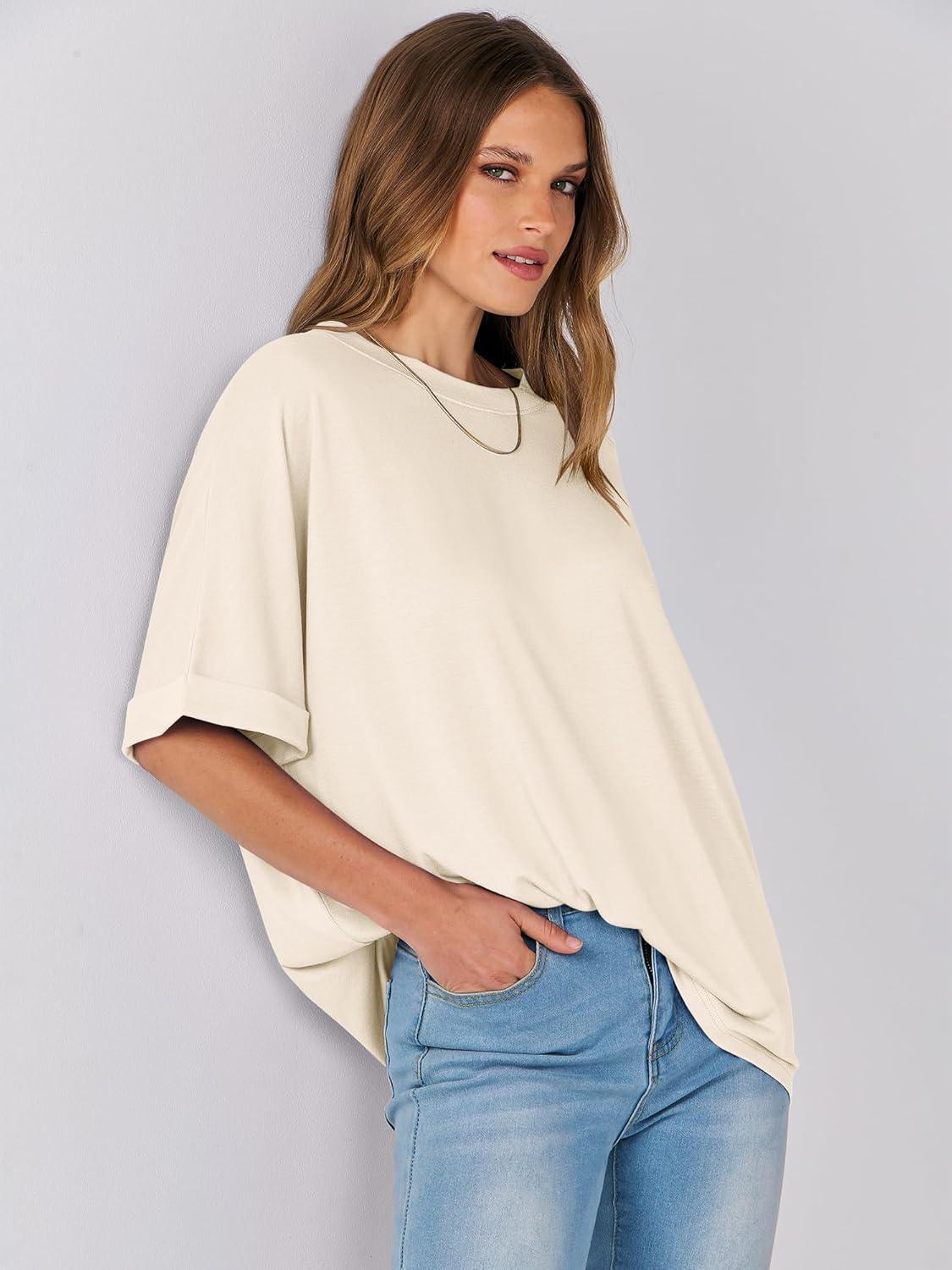 imageANRABESS Womens Tops Oversized T Shirts Short Sleeve Crewneck Summer Casual Loose Basic Tee Shirt 2025 Trendy Fashion ClothesLight Apricot