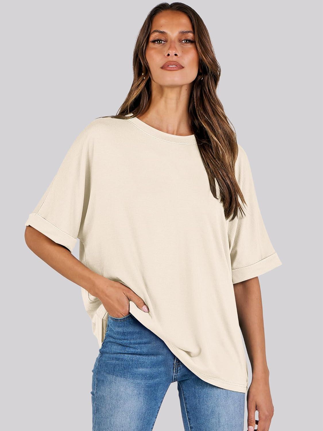 imageANRABESS Womens Tops Oversized T Shirts Short Sleeve Crewneck Summer Casual Loose Basic Tee Shirt 2025 Trendy Fashion ClothesLight Apricot