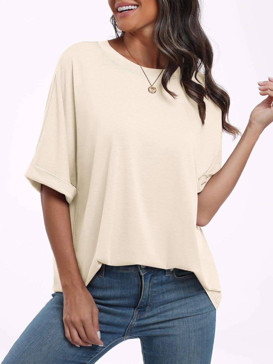 imageANRABESS Womens Tops Oversized T Shirts Short Sleeve Crewneck Summer Casual Loose Basic Tee Shirt 2025 Trendy Fashion ClothesLight Apricot