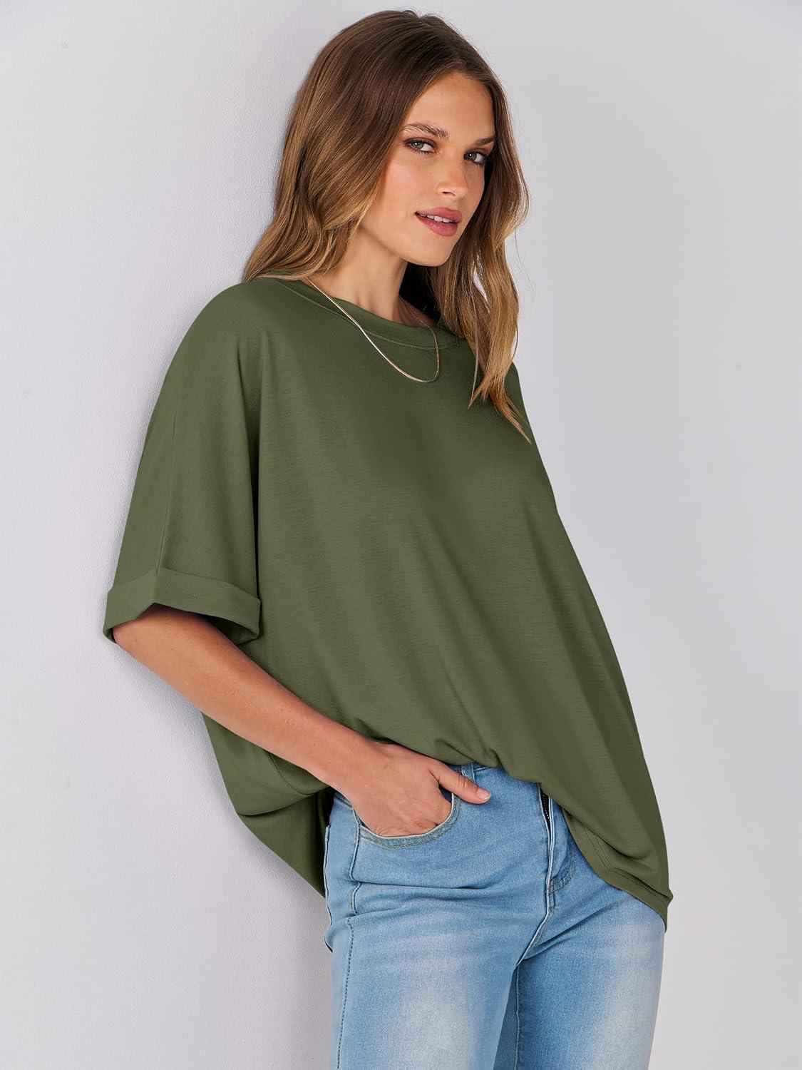 imageANRABESS Womens Tops Oversized T Shirts Short Sleeve Crewneck Summer Casual Loose Basic Tee Shirt 2025 Trendy Fashion ClothesOlive Green