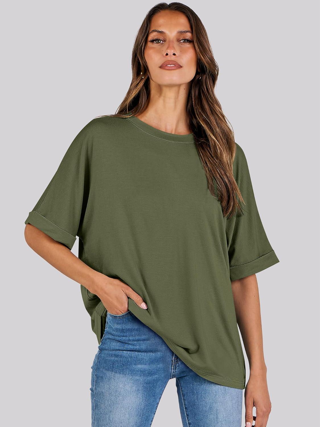 imageANRABESS Womens Tops Oversized T Shirts Short Sleeve Crewneck Summer Casual Loose Basic Tee Shirt 2025 Trendy Fashion ClothesOlive Green