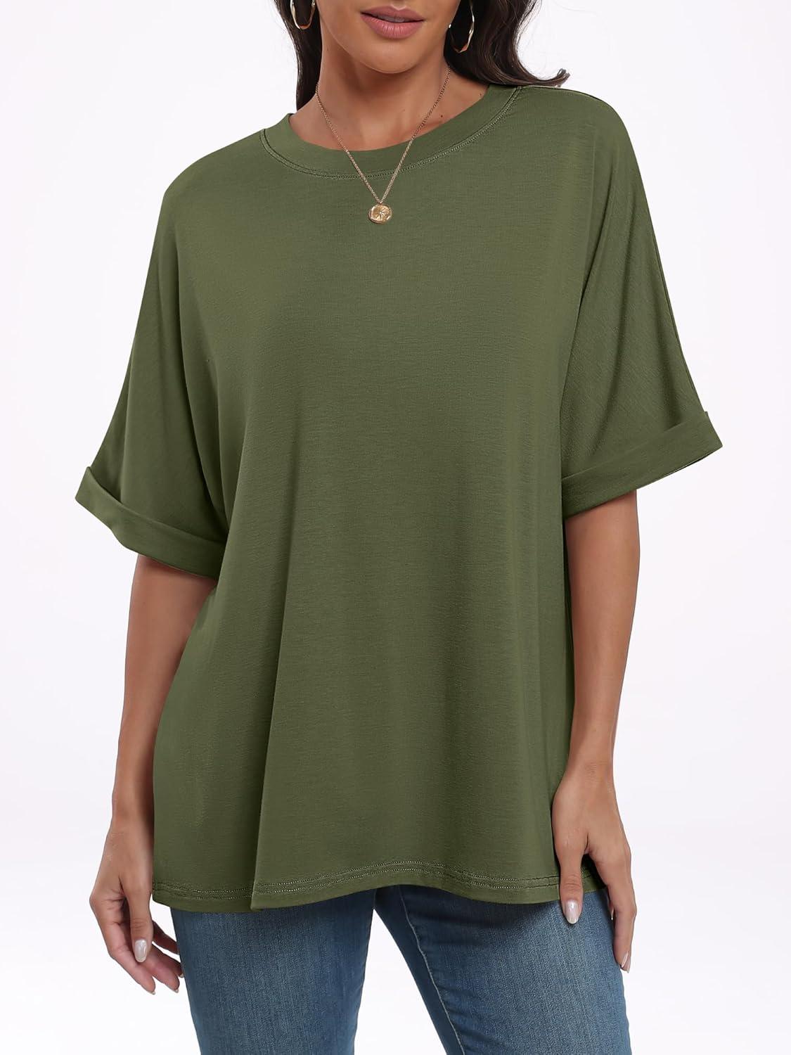 imageANRABESS Womens Tops Oversized T Shirts Short Sleeve Crewneck Summer Casual Loose Basic Tee Shirt 2025 Trendy Fashion ClothesOlive Green