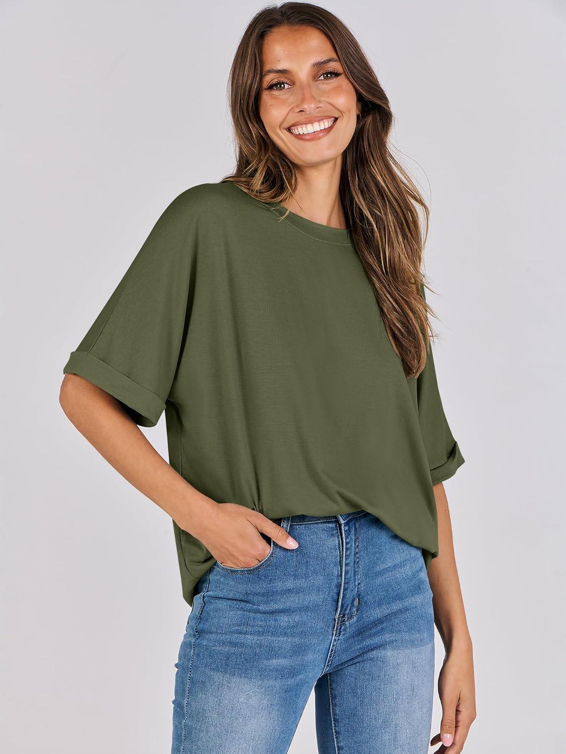 imageANRABESS Womens Tops Oversized T Shirts Short Sleeve Crewneck Summer Casual Loose Basic Tee Shirt 2025 Trendy Fashion ClothesOlive Green