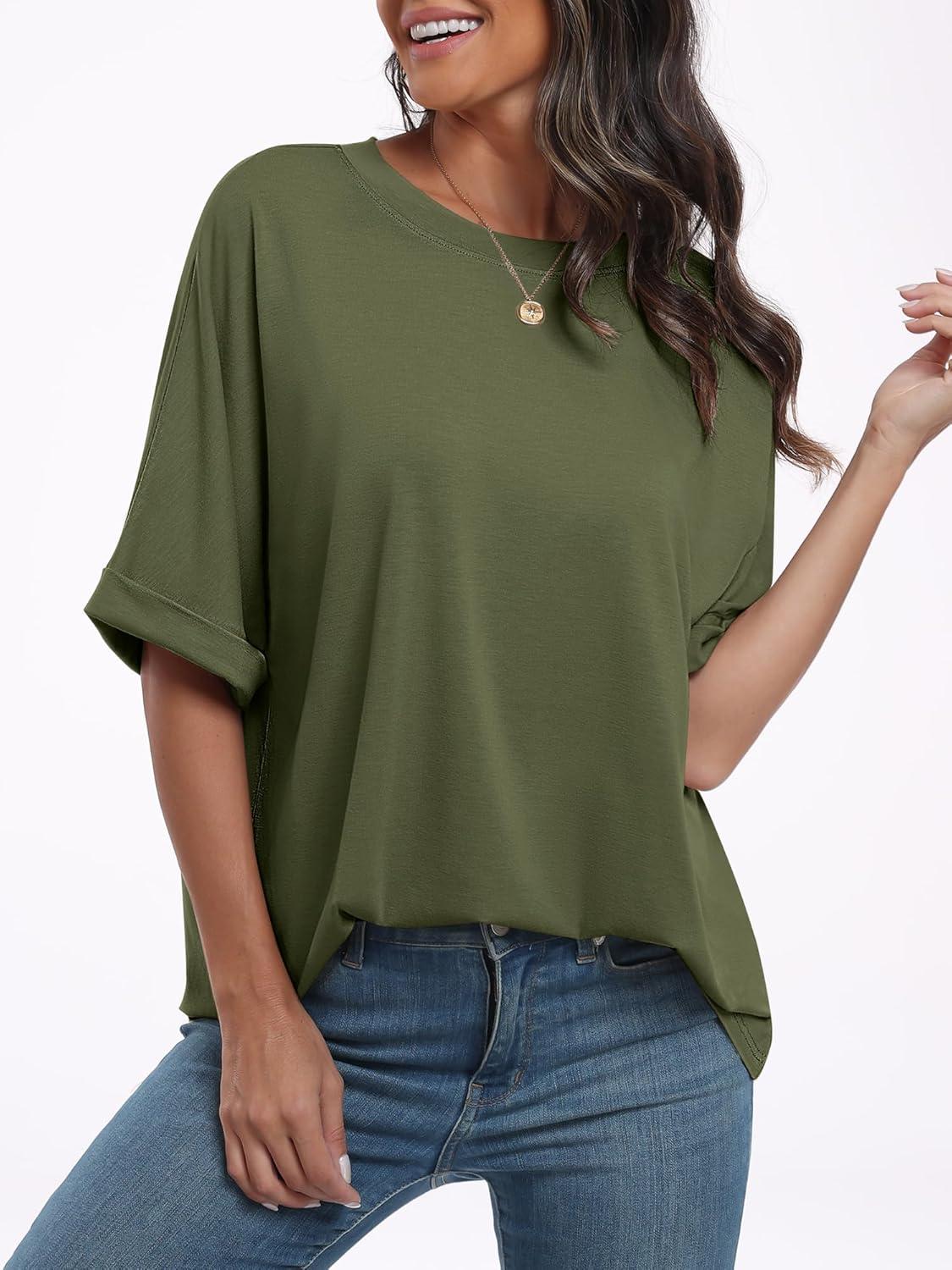 imageANRABESS Womens Tops Oversized T Shirts Short Sleeve Crewneck Summer Casual Loose Basic Tee Shirt 2025 Trendy Fashion ClothesOlive Green