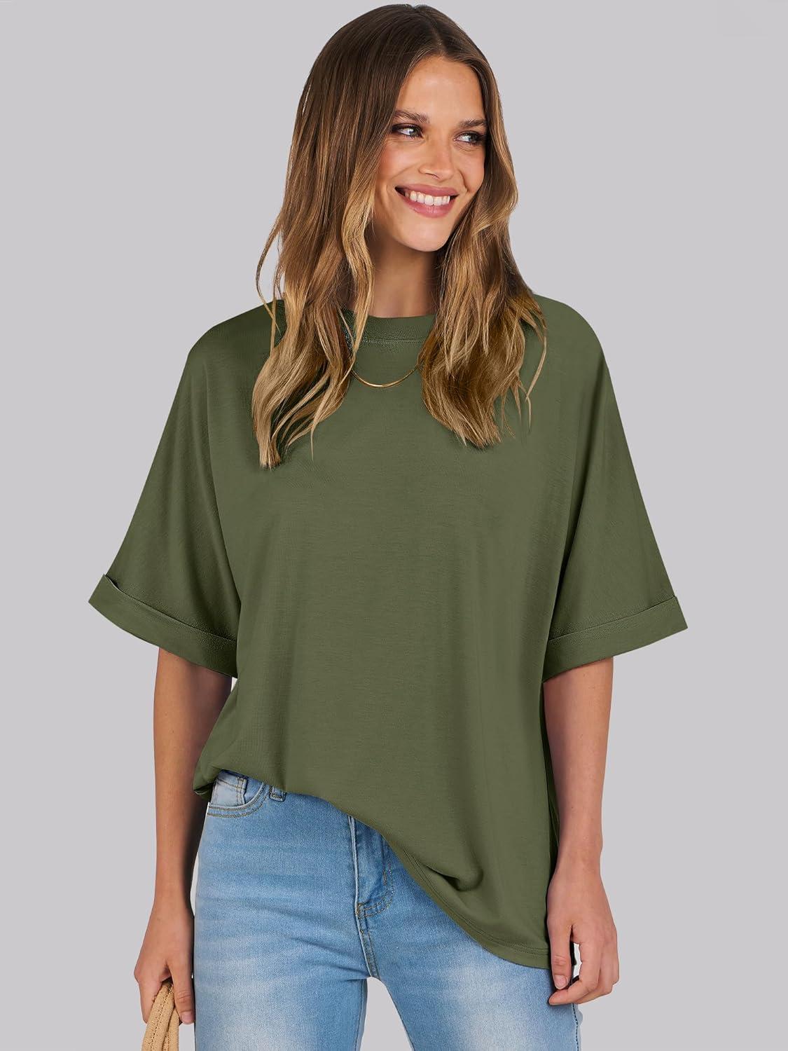 imageANRABESS Womens Tops Oversized T Shirts Short Sleeve Crewneck Summer Casual Loose Basic Tee Shirt 2025 Trendy Fashion ClothesOlive Green