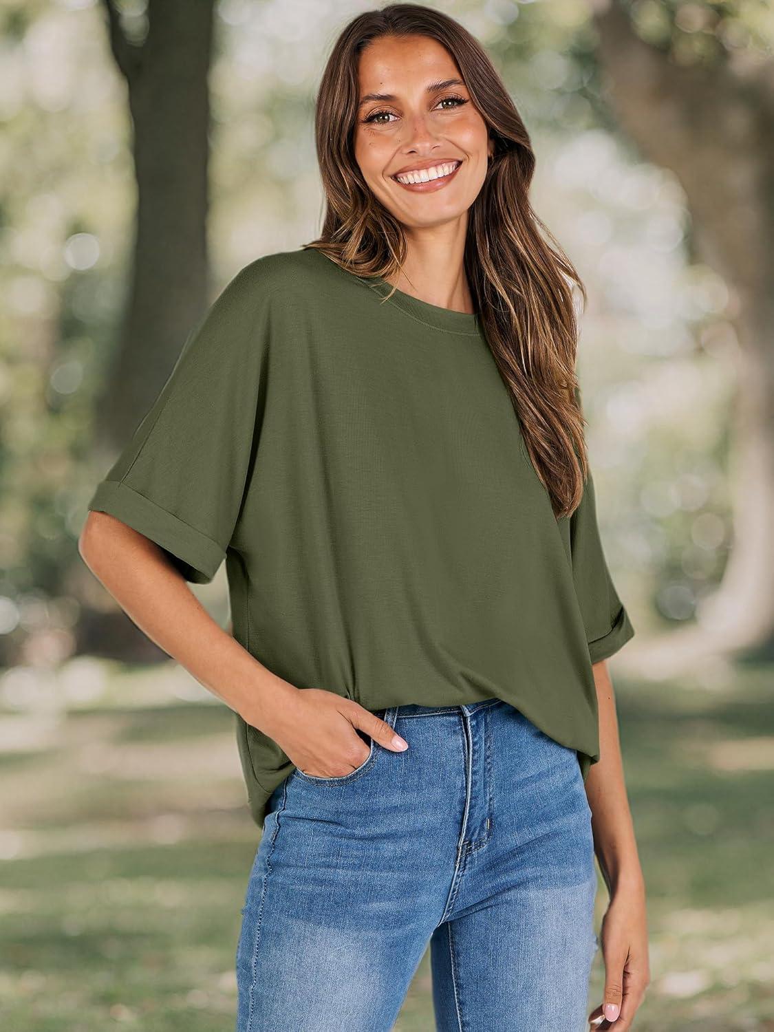 imageANRABESS Womens Tops Oversized T Shirts Short Sleeve Crewneck Summer Casual Loose Basic Tee Shirt 2025 Trendy Fashion ClothesOlive Green