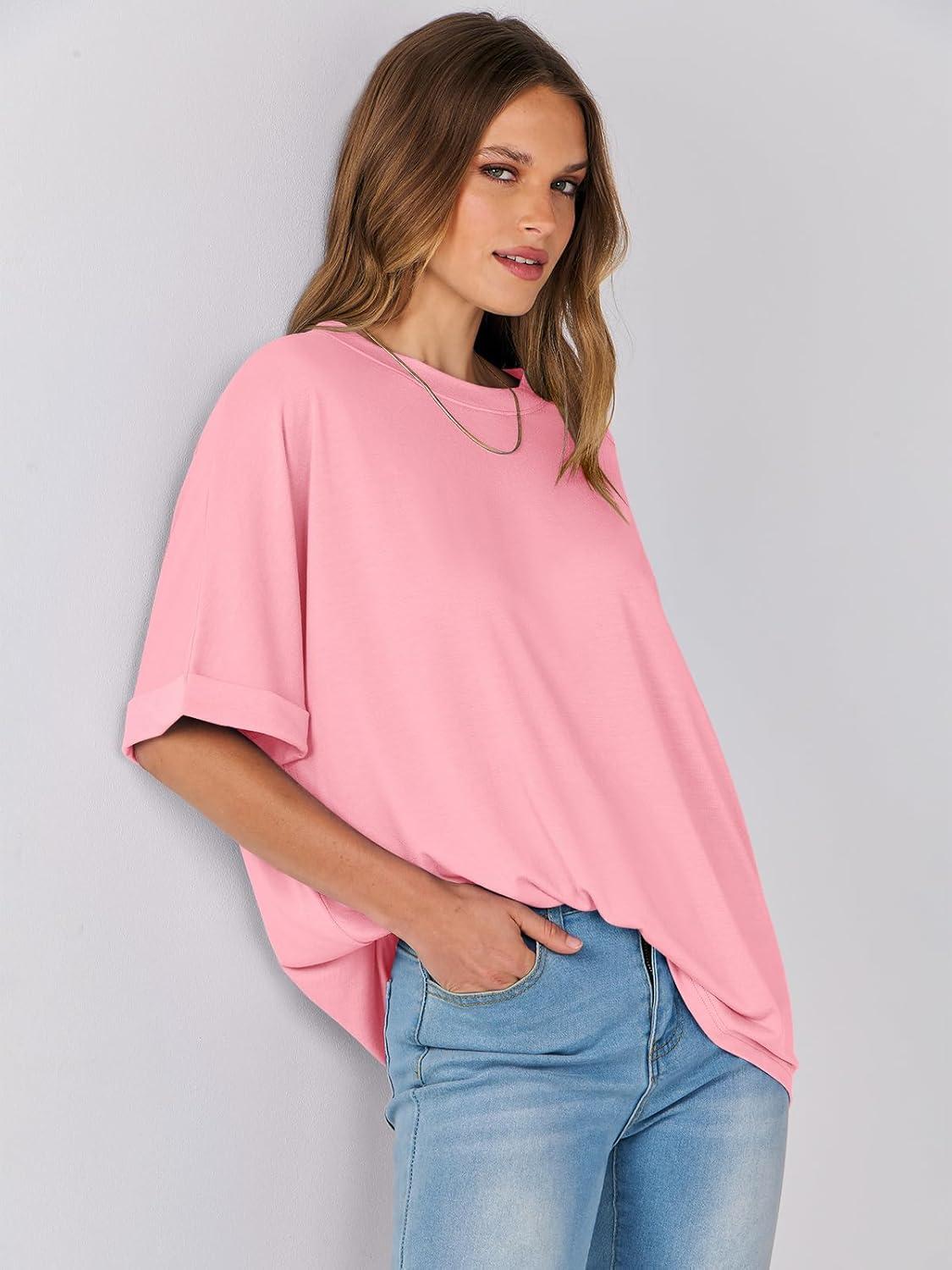 imageANRABESS Womens Tops Oversized T Shirts Short Sleeve Crewneck Summer Casual Loose Basic Tee Shirt 2025 Trendy Fashion ClothesPink