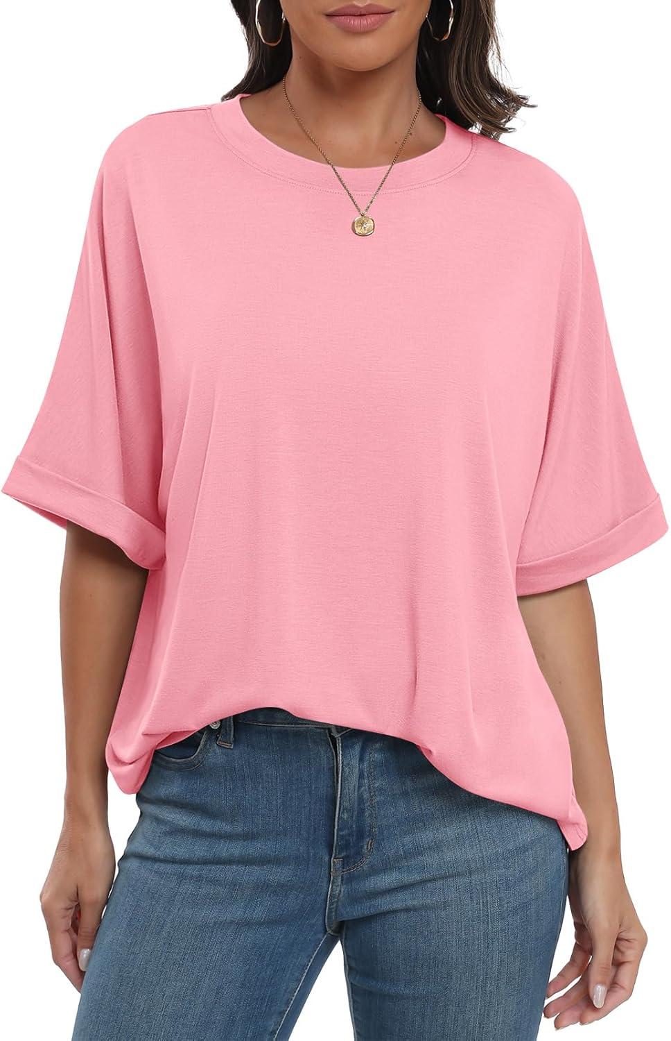 imageANRABESS Womens Tops Oversized T Shirts Short Sleeve Crewneck Summer Casual Loose Basic Tee Shirt 2025 Trendy Fashion ClothesPink