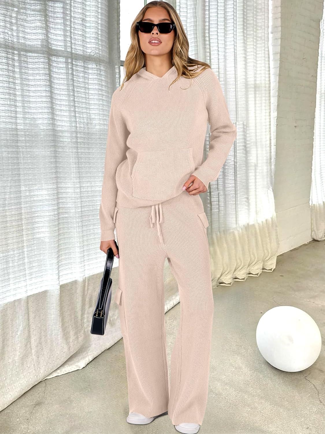 imageANRABESS Womens Two Piece Outfits Casual Knit Hooded Sweater Straight Leg Pants Set 2025 Fall Lounge Travel ClothesBeige