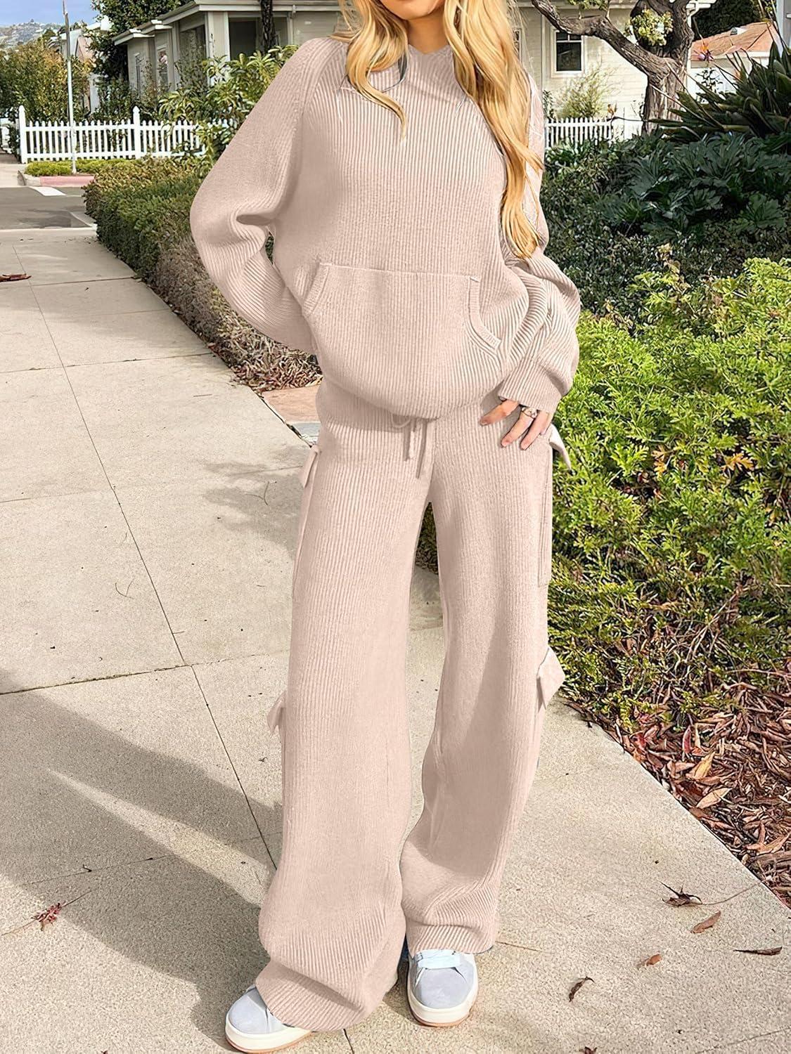 imageANRABESS Womens Two Piece Outfits Casual Knit Hooded Sweater Straight Leg Pants Set 2025 Fall Lounge Travel ClothesBeige
