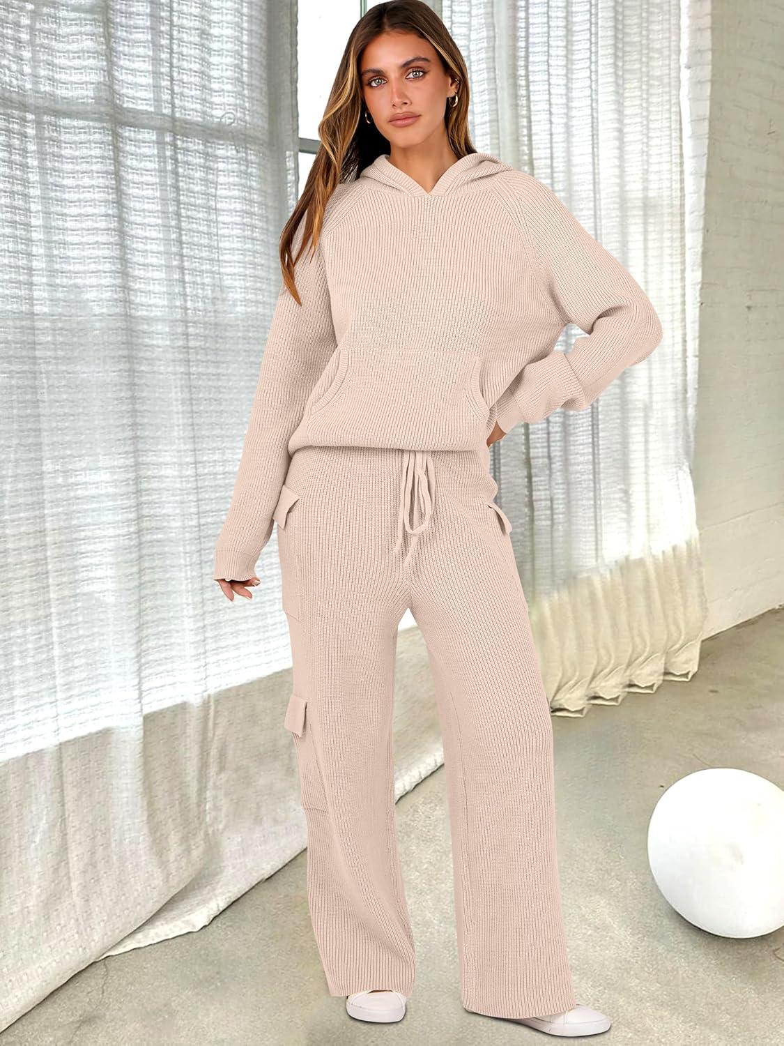 imageANRABESS Womens Two Piece Outfits Casual Knit Hooded Sweater Straight Leg Pants Set 2025 Fall Lounge Travel ClothesBeige