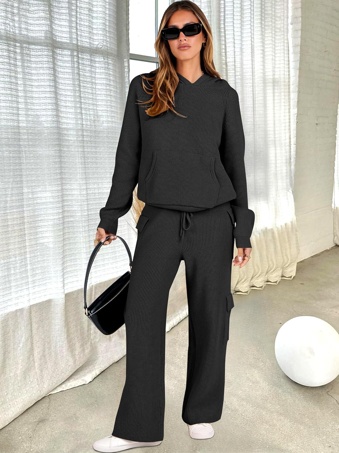 imageANRABESS Womens Two Piece Outfits Casual Knit Hooded Sweater Straight Leg Pants Set 2025 Fall Lounge Travel ClothesBlack