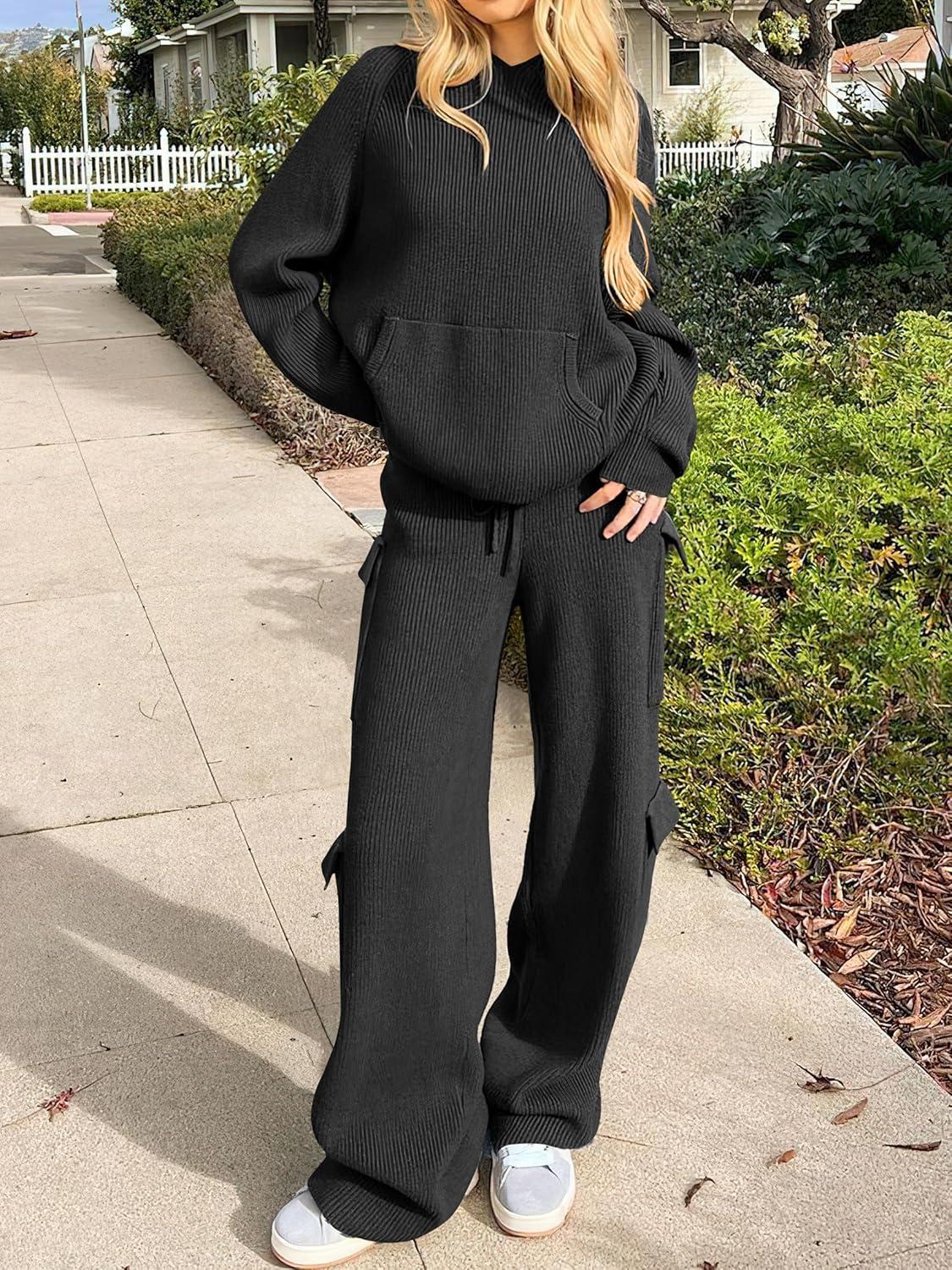 imageANRABESS Womens Two Piece Outfits Casual Knit Hooded Sweater Straight Leg Pants Set 2025 Fall Lounge Travel ClothesBlack