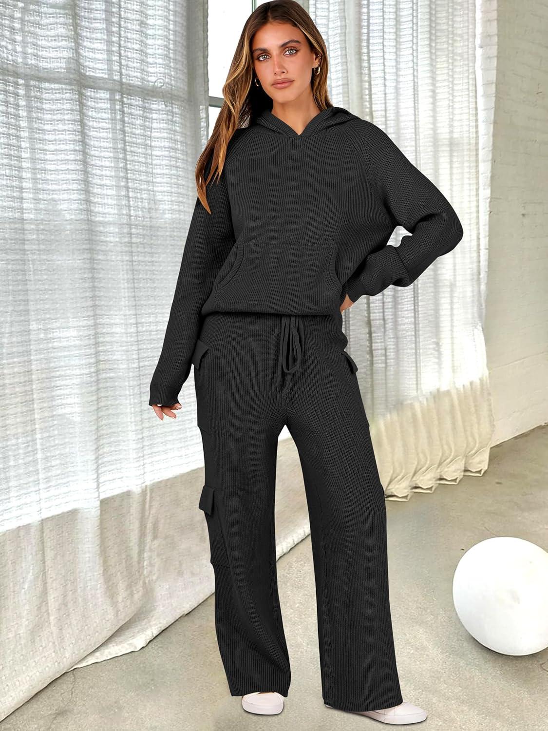 imageANRABESS Womens Two Piece Outfits Casual Knit Hooded Sweater Straight Leg Pants Set 2025 Fall Lounge Travel ClothesBlack