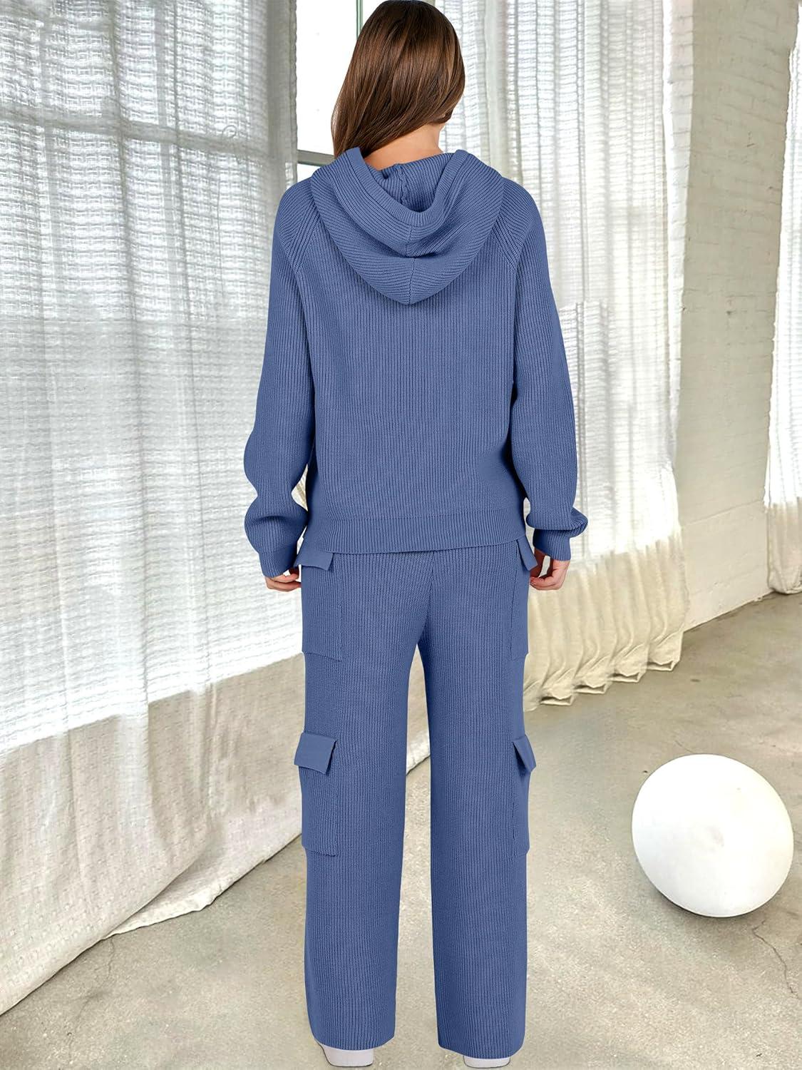 imageANRABESS Womens Two Piece Outfits Casual Knit Hooded Sweater Straight Leg Pants Set 2025 Fall Lounge Travel ClothesDark Blue