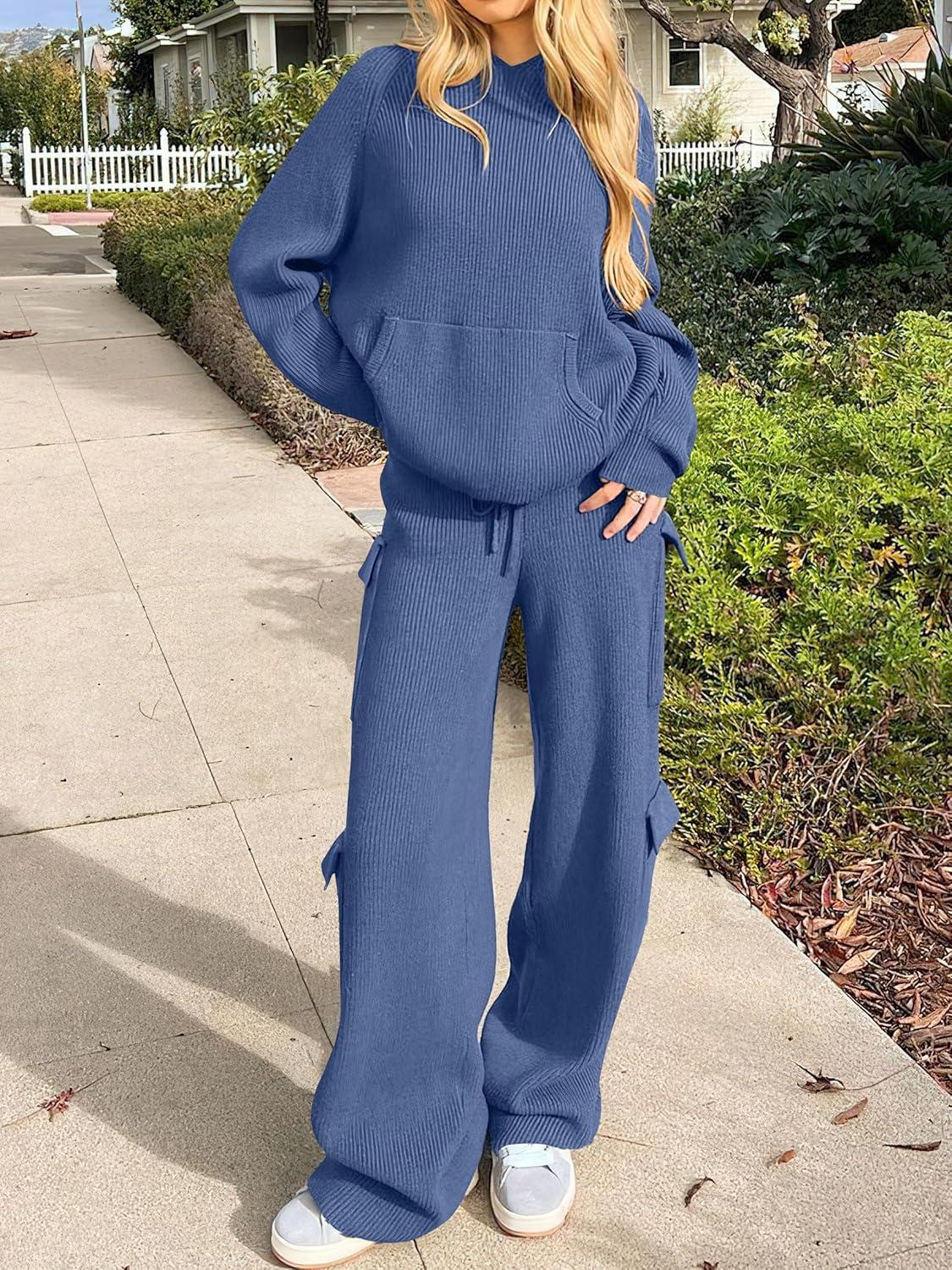 imageANRABESS Womens Two Piece Outfits Casual Knit Hooded Sweater Straight Leg Pants Set 2025 Fall Lounge Travel ClothesDark Blue
