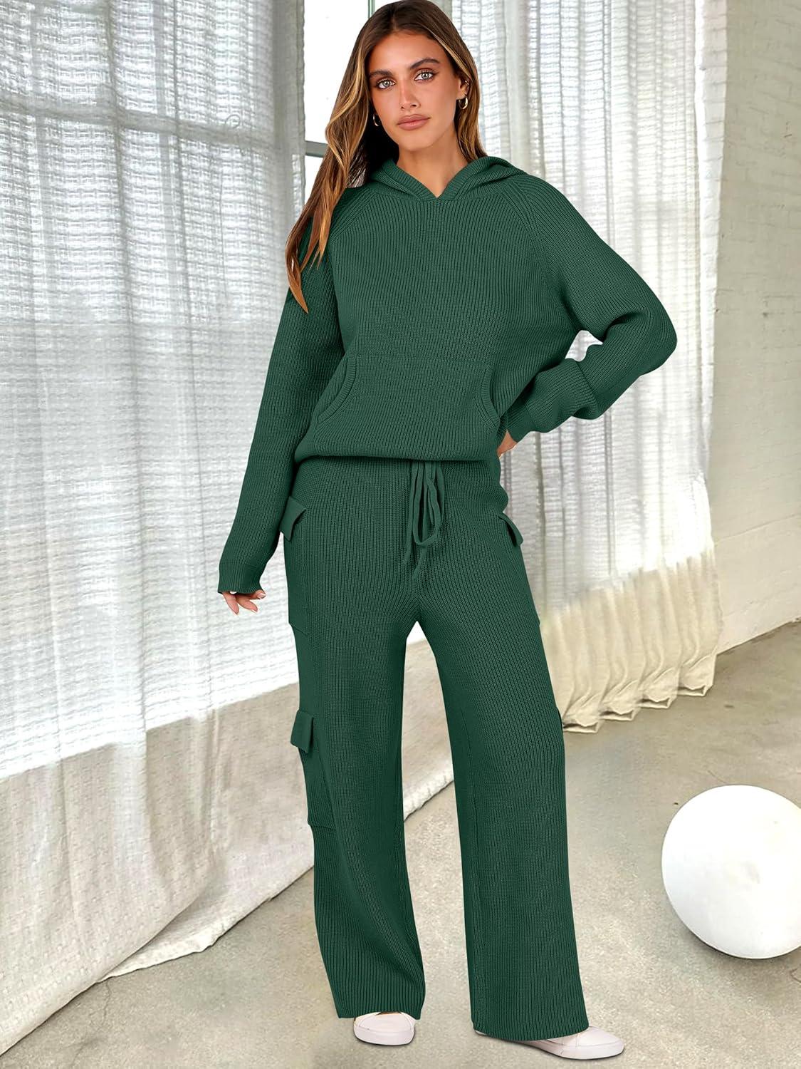 imageANRABESS Womens Two Piece Outfits Casual Knit Hooded Sweater Straight Leg Pants Set 2025 Fall Lounge Travel ClothesDeep Green