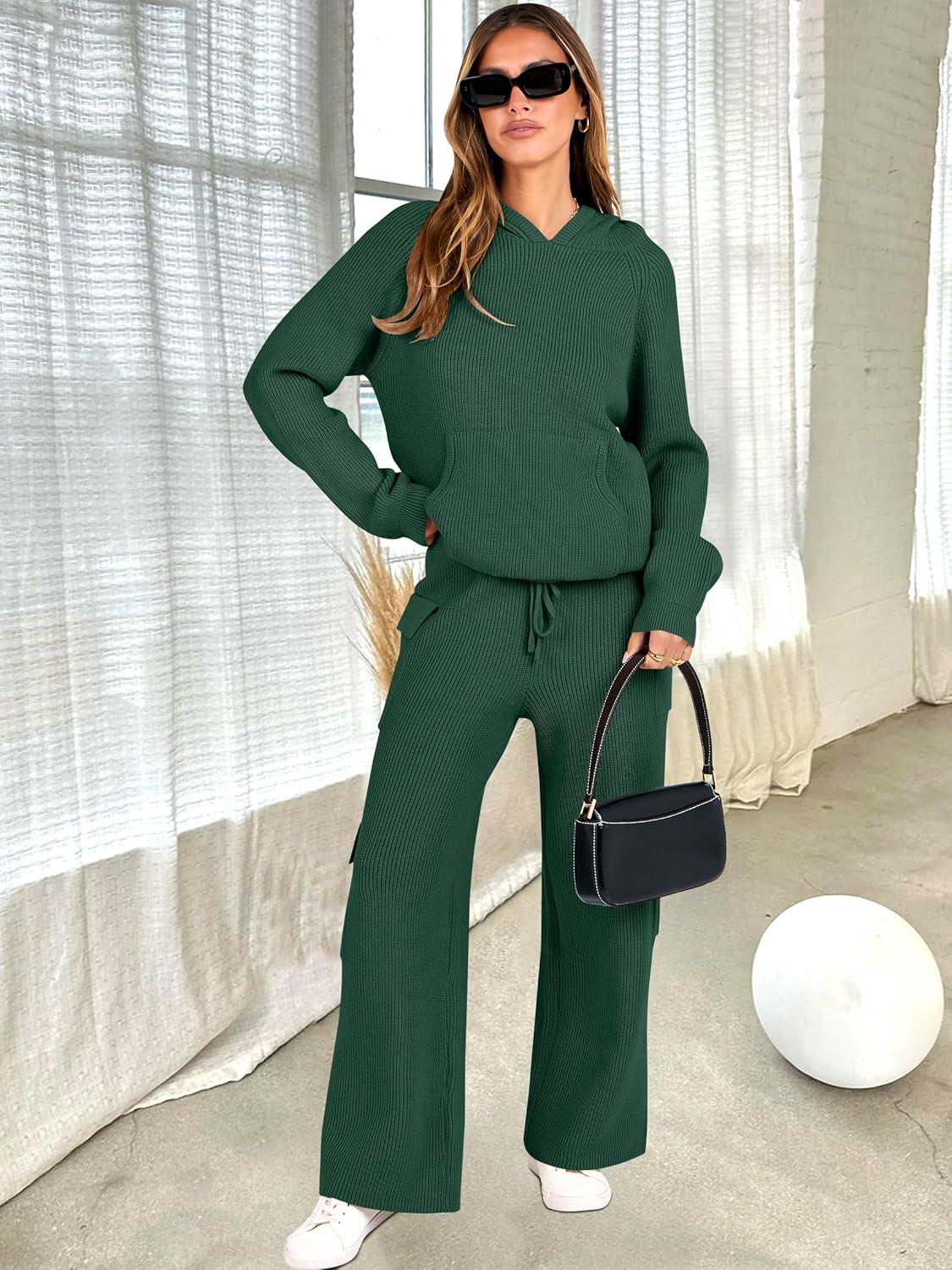 imageANRABESS Womens Two Piece Outfits Casual Knit Hooded Sweater Straight Leg Pants Set 2025 Fall Lounge Travel ClothesDeep Green