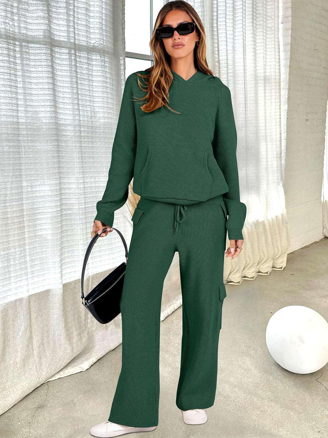 imageANRABESS Womens Two Piece Outfits Casual Knit Hooded Sweater Straight Leg Pants Set 2025 Fall Lounge Travel ClothesDeep Green