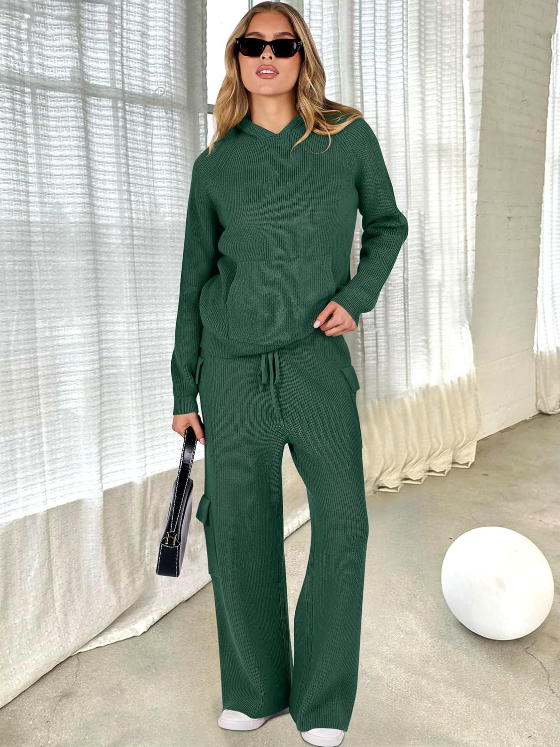 imageANRABESS Womens Two Piece Outfits Casual Knit Hooded Sweater Straight Leg Pants Set 2025 Fall Lounge Travel ClothesDeep Green