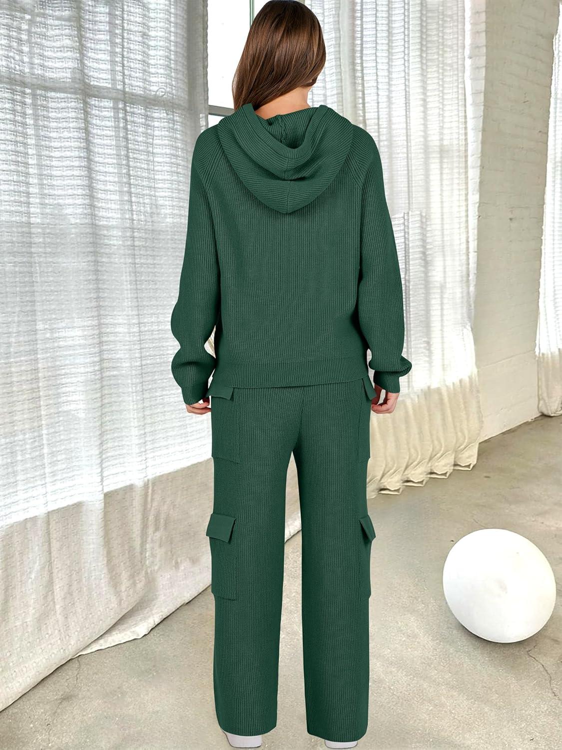 imageANRABESS Womens Two Piece Outfits Casual Knit Hooded Sweater Straight Leg Pants Set 2025 Fall Lounge Travel ClothesDeep Green
