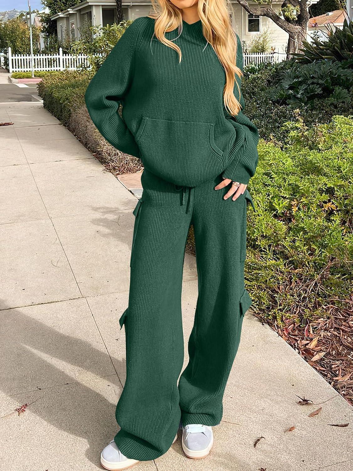 imageANRABESS Womens Two Piece Outfits Casual Knit Hooded Sweater Straight Leg Pants Set 2025 Fall Lounge Travel ClothesDeep Green