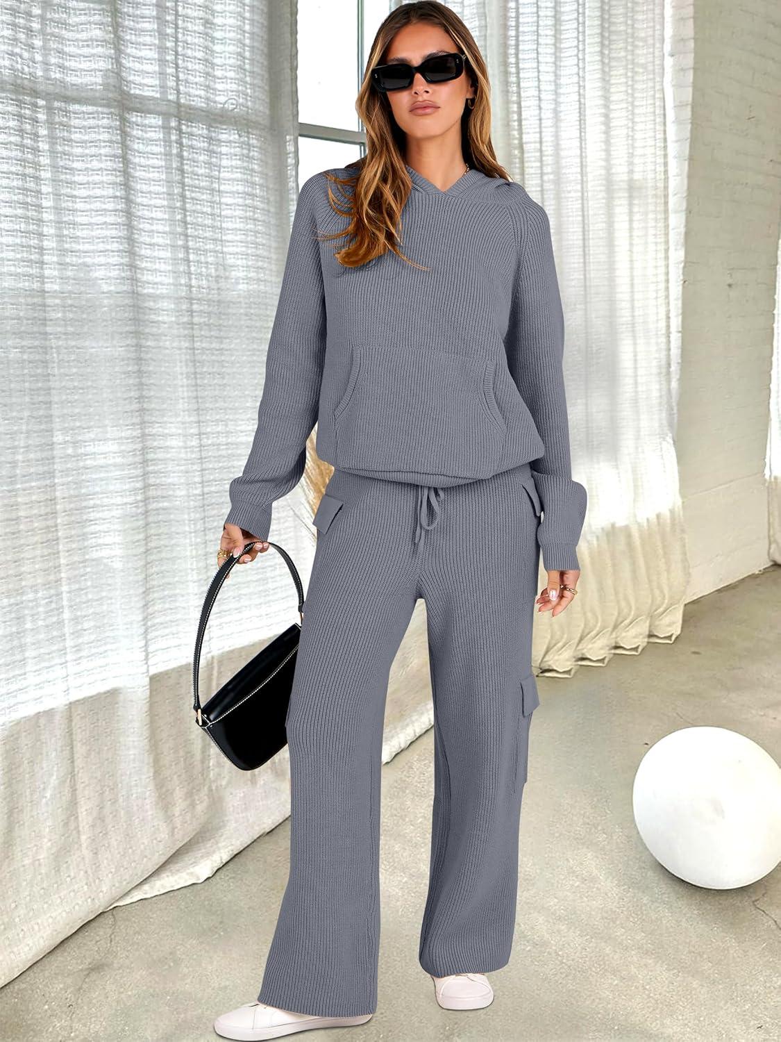 imageANRABESS Womens Two Piece Outfits Casual Knit Hooded Sweater Straight Leg Pants Set 2025 Fall Lounge Travel ClothesGrey