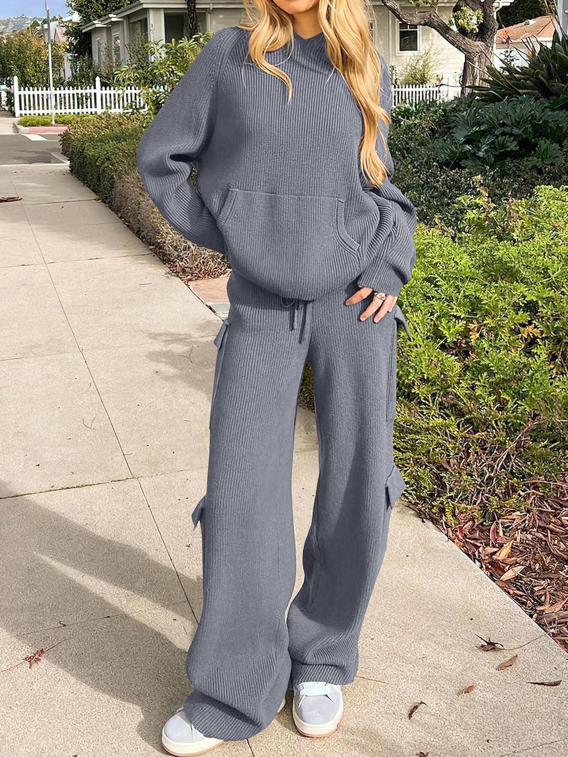 imageANRABESS Womens Two Piece Outfits Casual Knit Hooded Sweater Straight Leg Pants Set 2025 Fall Lounge Travel ClothesGrey
