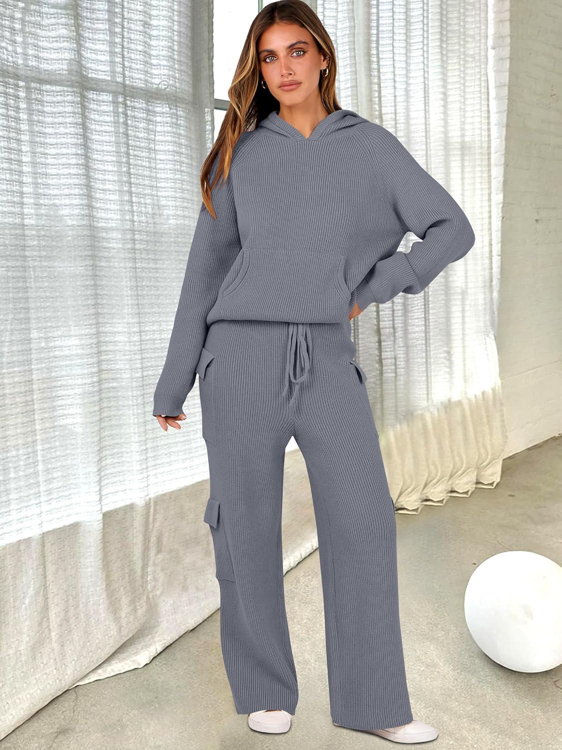 imageANRABESS Womens Two Piece Outfits Casual Knit Hooded Sweater Straight Leg Pants Set 2025 Fall Lounge Travel ClothesGrey