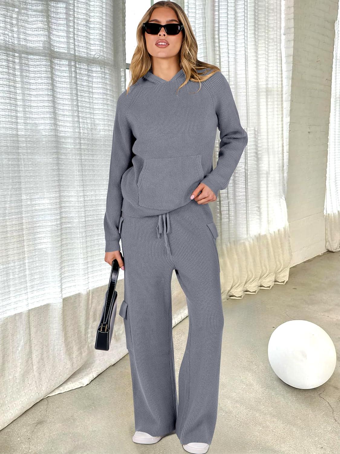 imageANRABESS Womens Two Piece Outfits Casual Knit Hooded Sweater Straight Leg Pants Set 2025 Fall Lounge Travel ClothesGrey