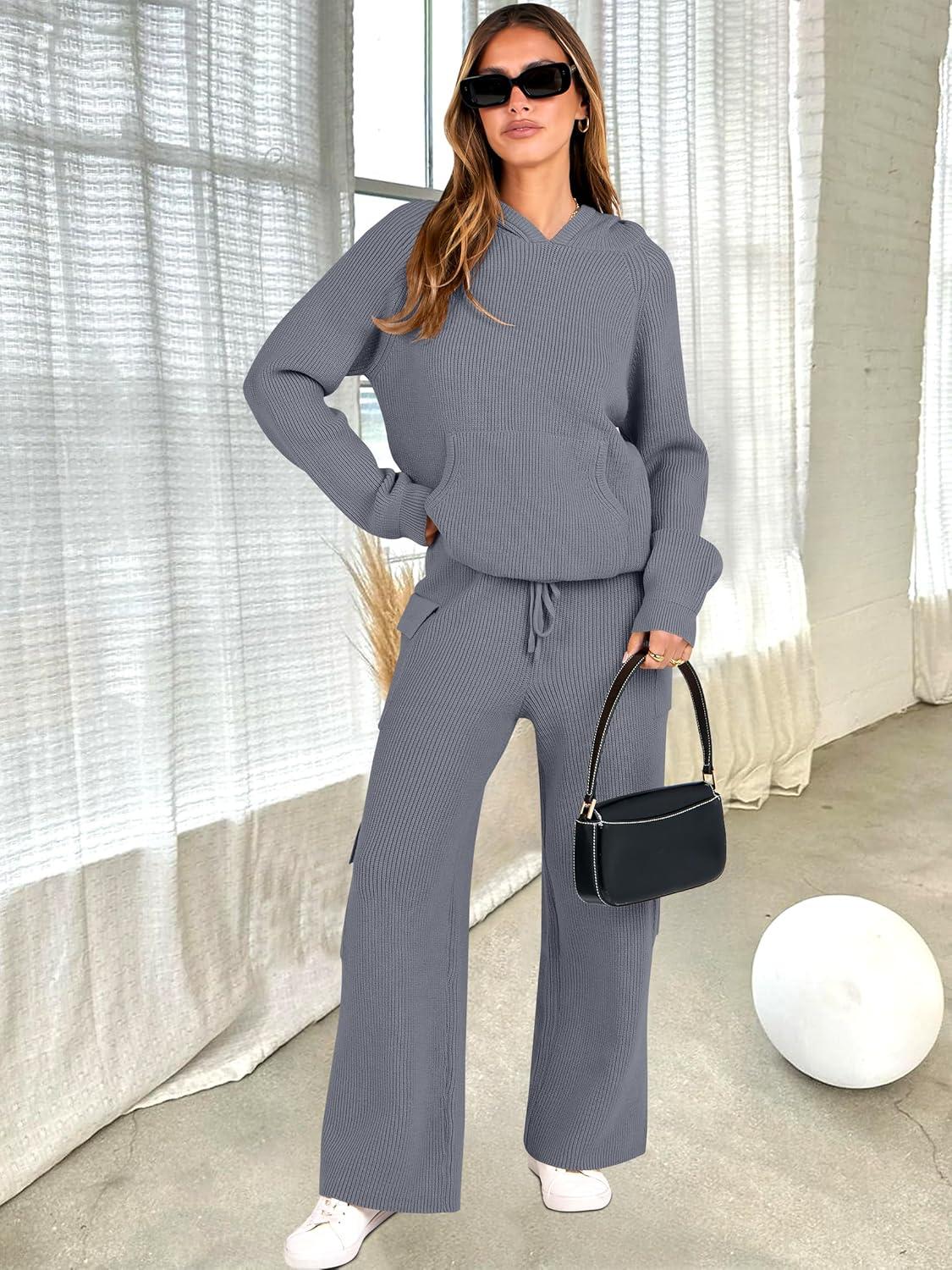 imageANRABESS Womens Two Piece Outfits Casual Knit Hooded Sweater Straight Leg Pants Set 2025 Fall Lounge Travel ClothesGrey