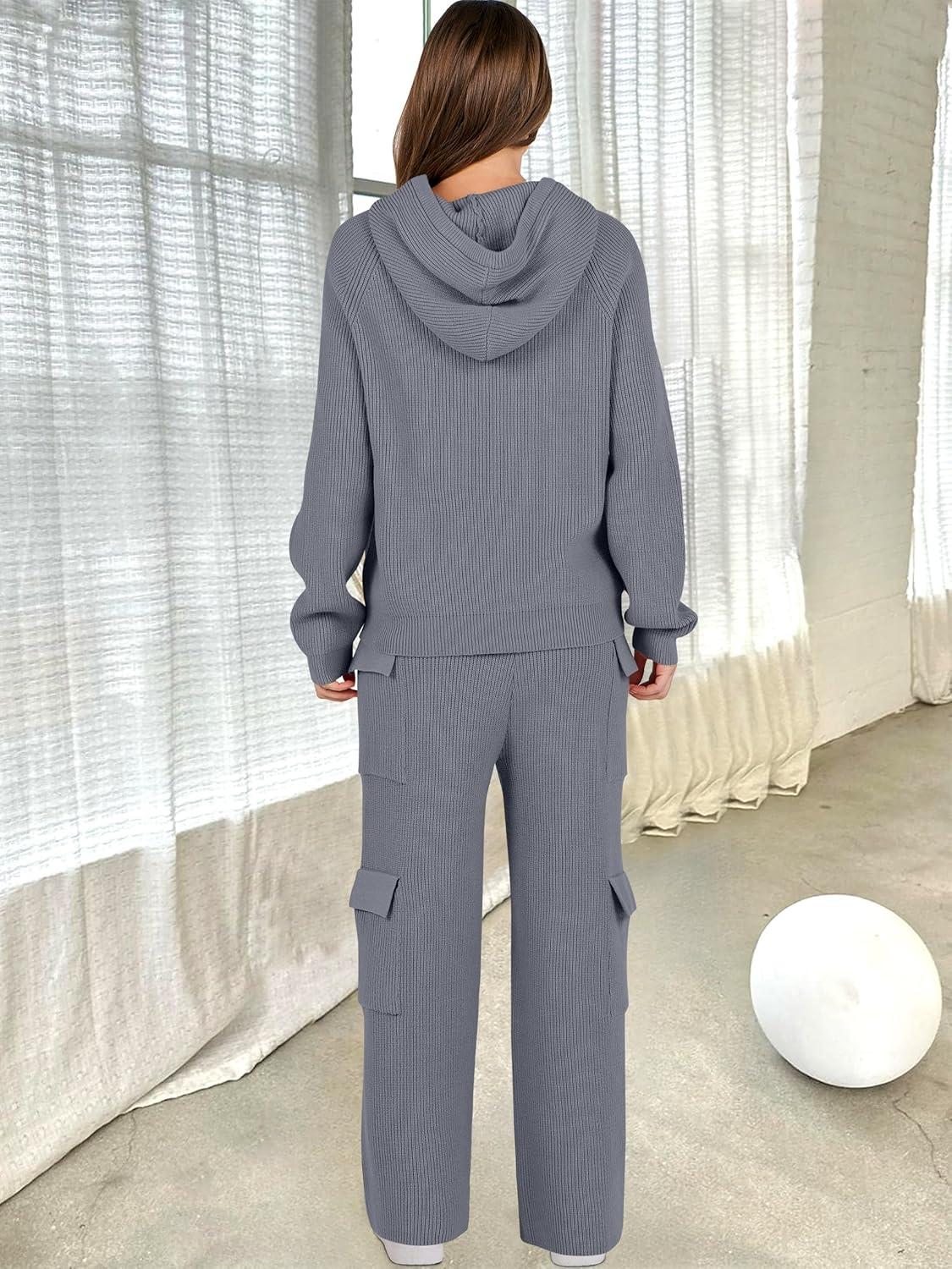 imageANRABESS Womens Two Piece Outfits Casual Knit Hooded Sweater Straight Leg Pants Set 2025 Fall Lounge Travel ClothesGrey