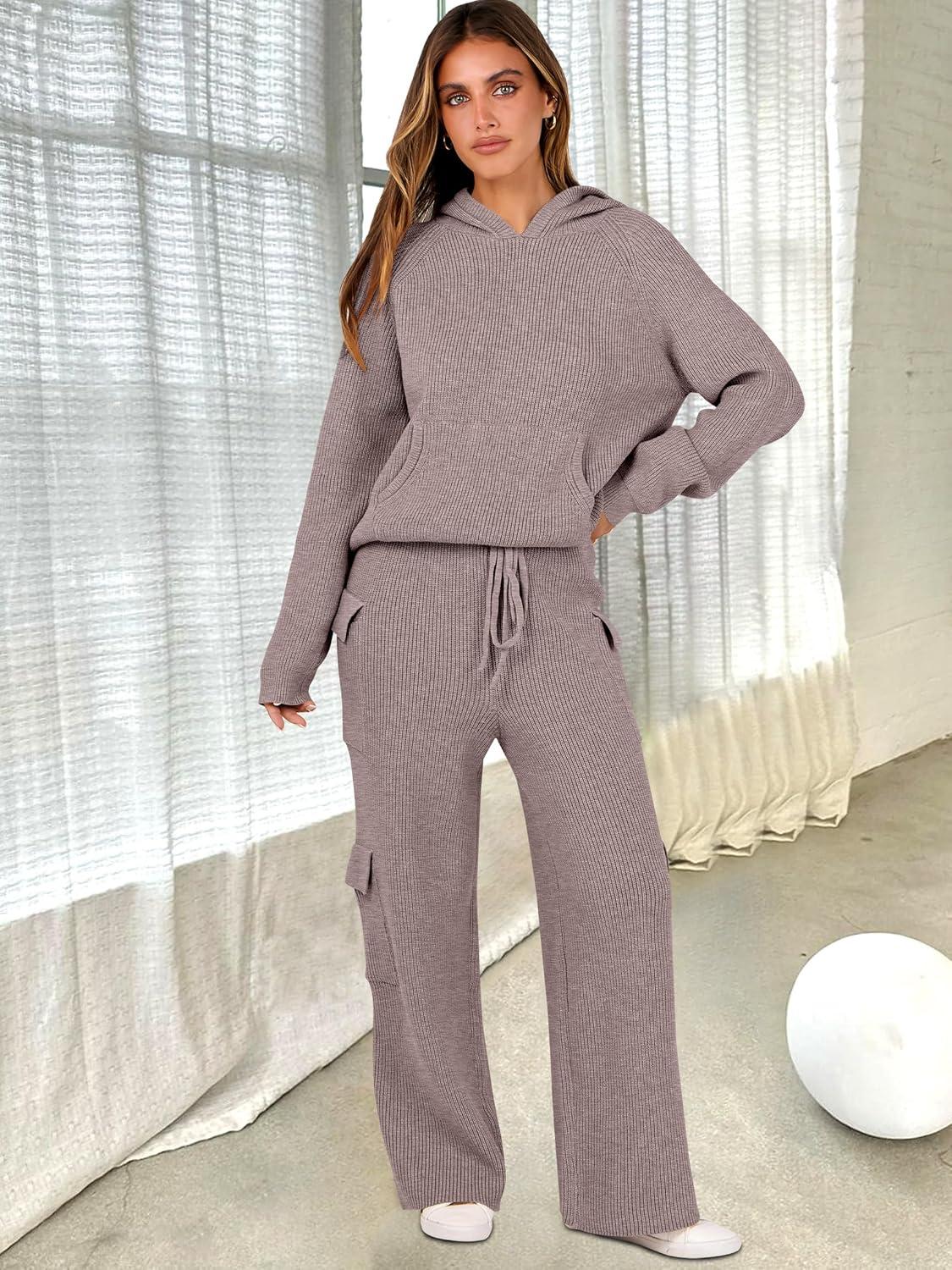 imageANRABESS Womens Two Piece Outfits Casual Knit Hooded Sweater Straight Leg Pants Set 2025 Fall Lounge Travel ClothesKhaki