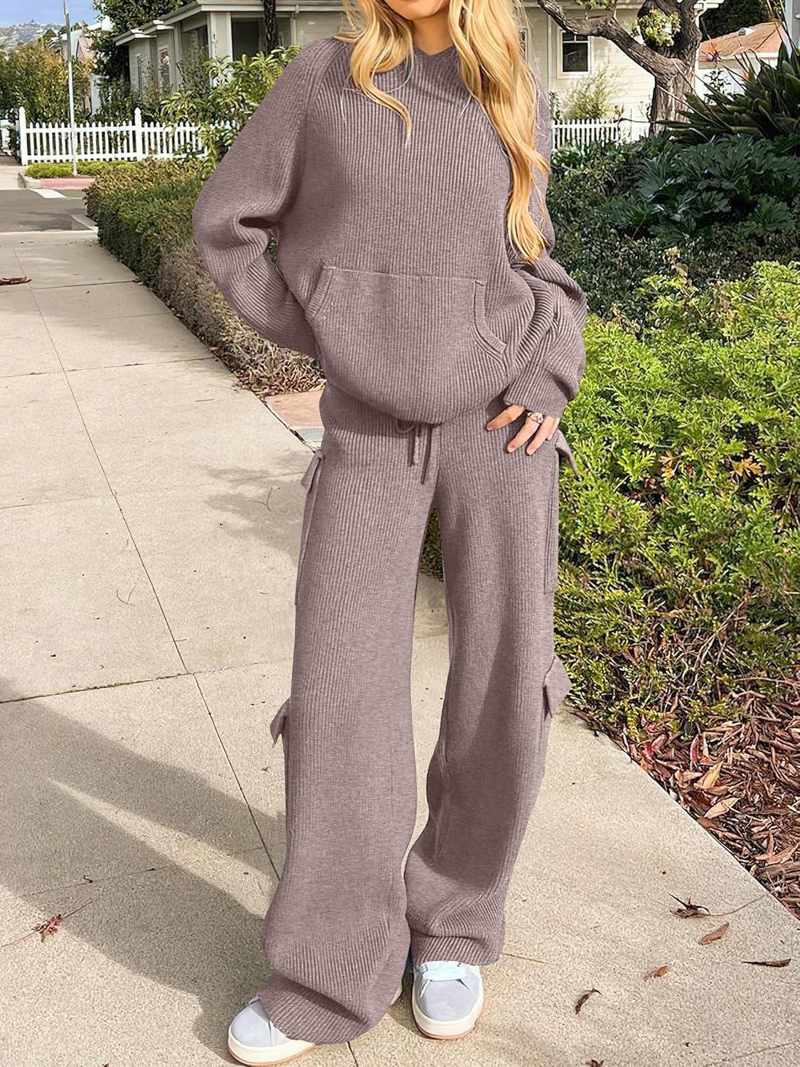 imageANRABESS Womens Two Piece Outfits Casual Knit Hooded Sweater Straight Leg Pants Set 2025 Fall Lounge Travel ClothesKhaki