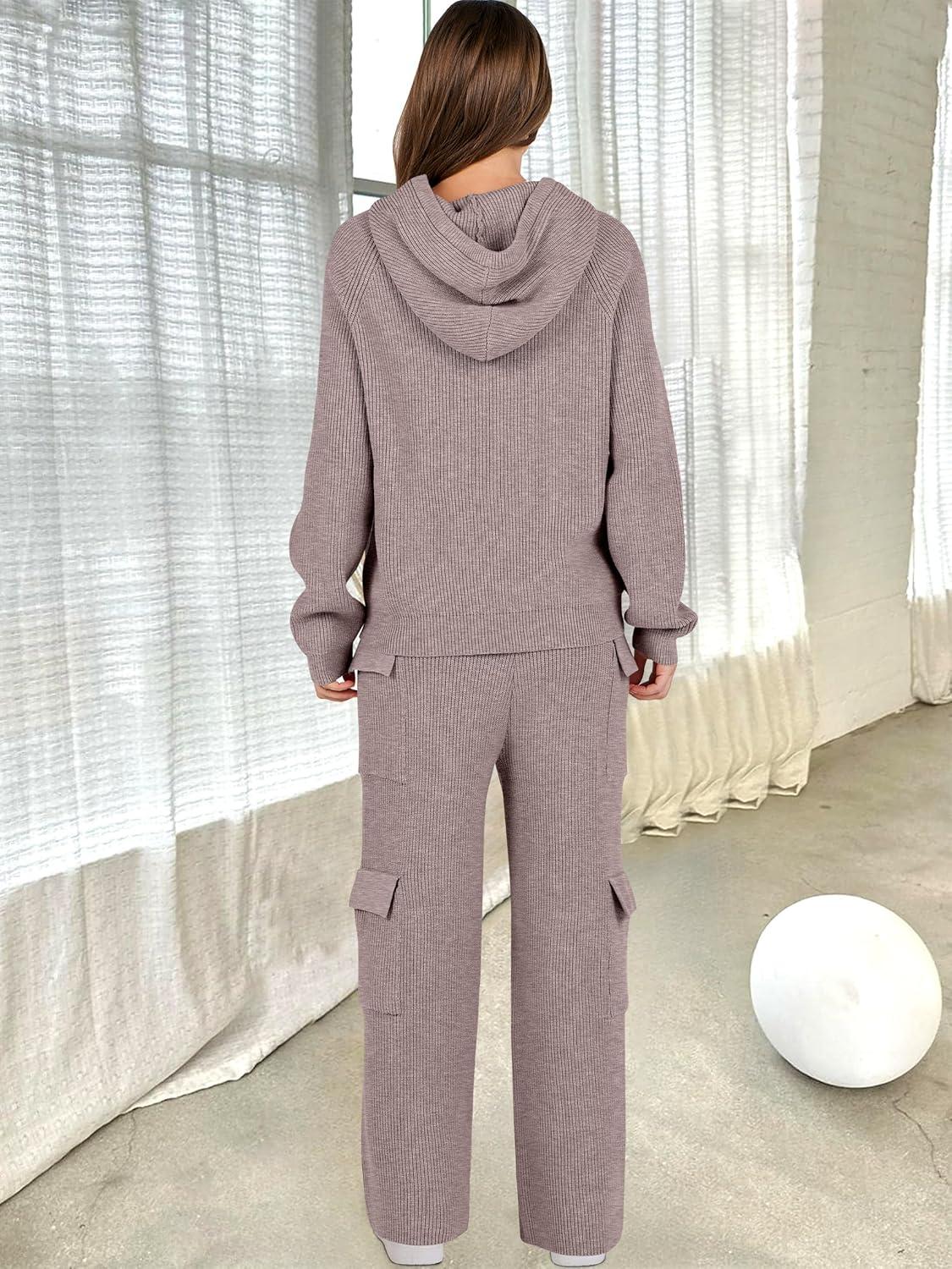 imageANRABESS Womens Two Piece Outfits Casual Knit Hooded Sweater Straight Leg Pants Set 2025 Fall Lounge Travel ClothesKhaki