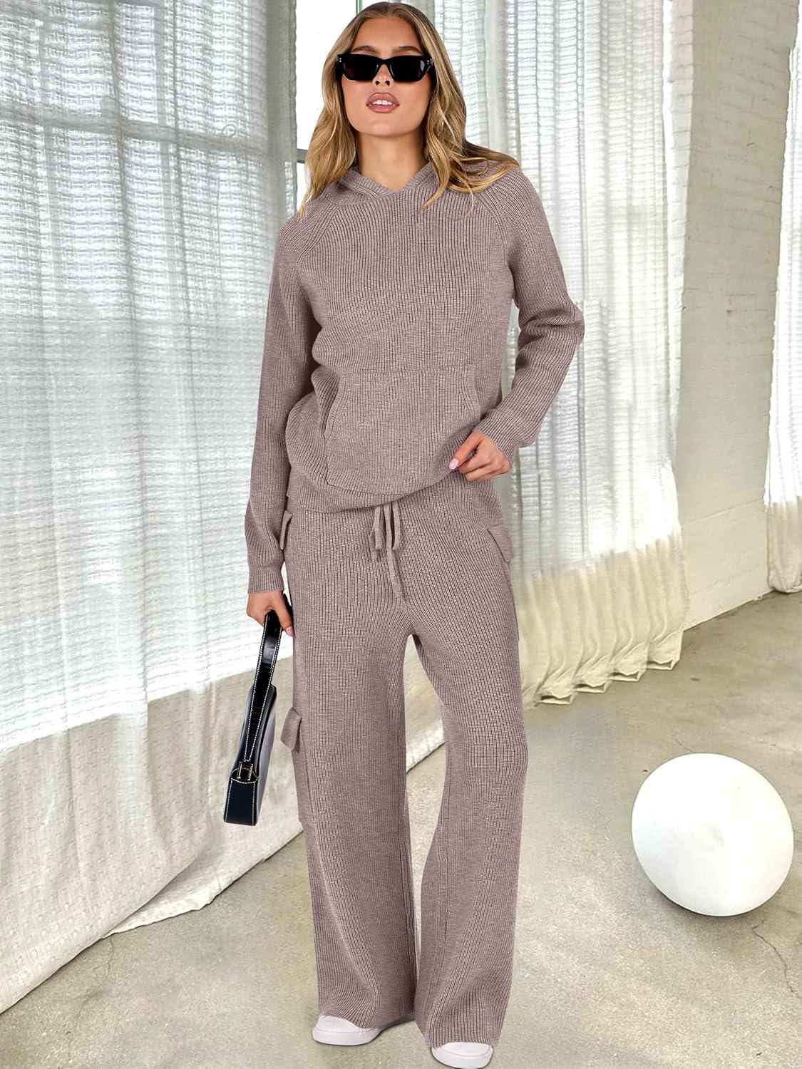 imageANRABESS Womens Two Piece Outfits Casual Knit Hooded Sweater Straight Leg Pants Set 2025 Fall Lounge Travel ClothesKhaki