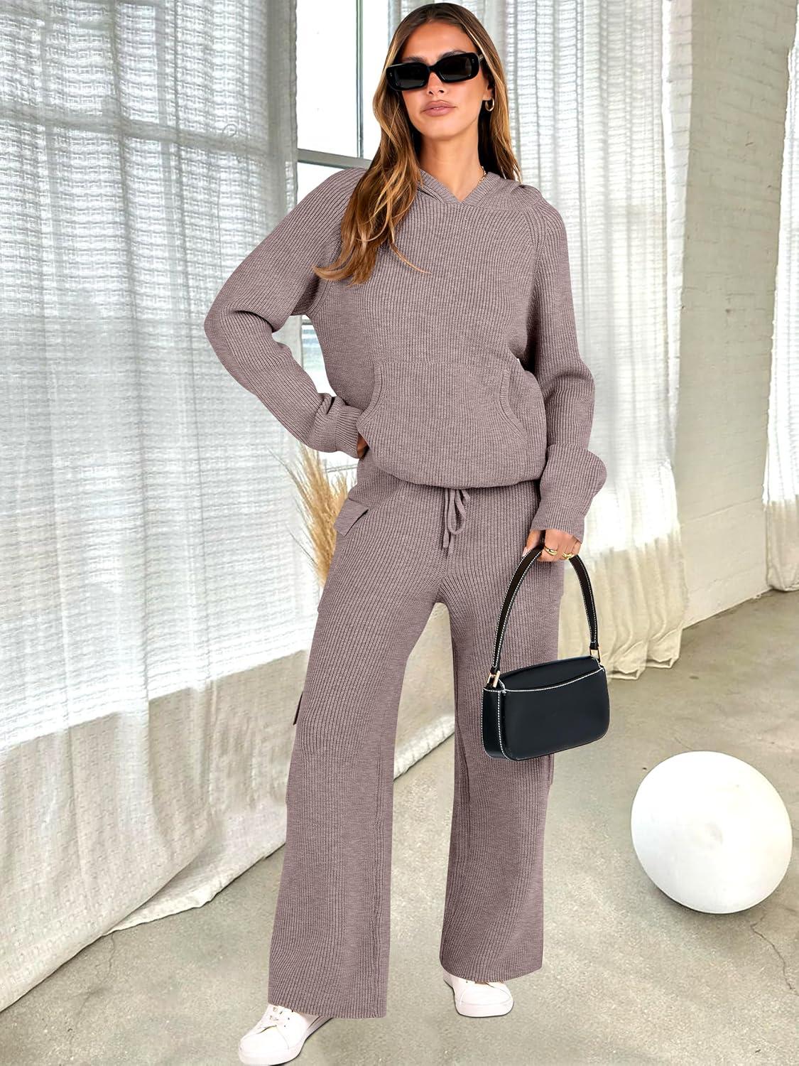 imageANRABESS Womens Two Piece Outfits Casual Knit Hooded Sweater Straight Leg Pants Set 2025 Fall Lounge Travel ClothesKhaki