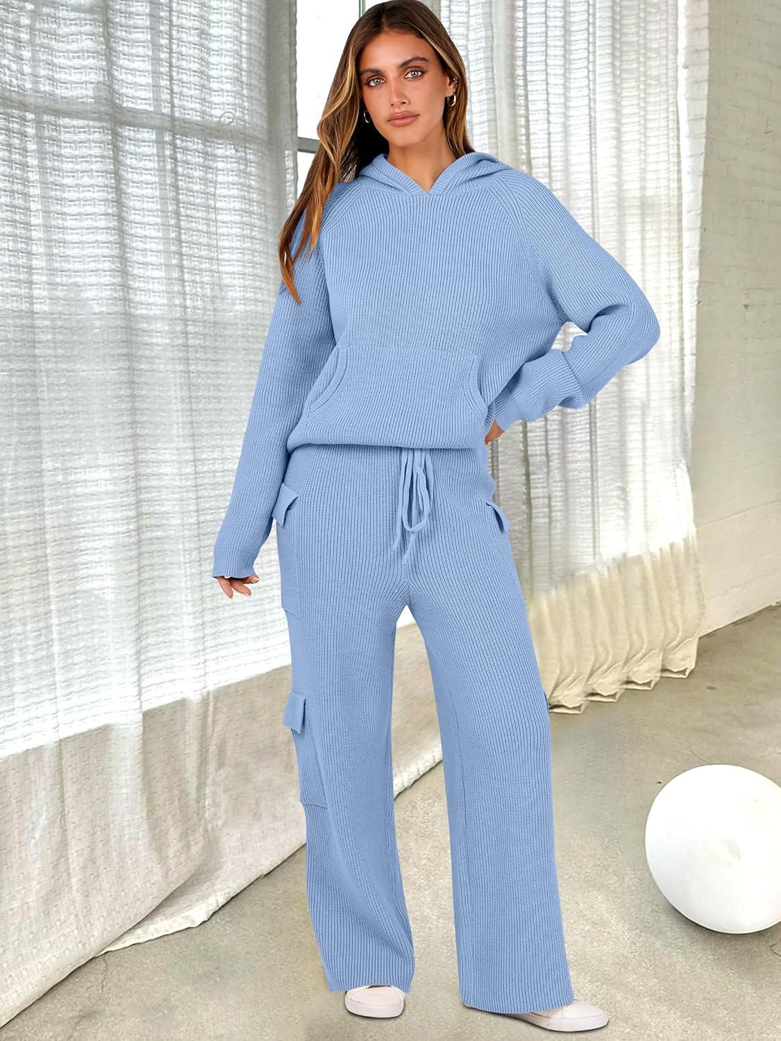 imageANRABESS Womens Two Piece Outfits Casual Knit Hooded Sweater Straight Leg Pants Set 2025 Fall Lounge Travel ClothesLight Blue