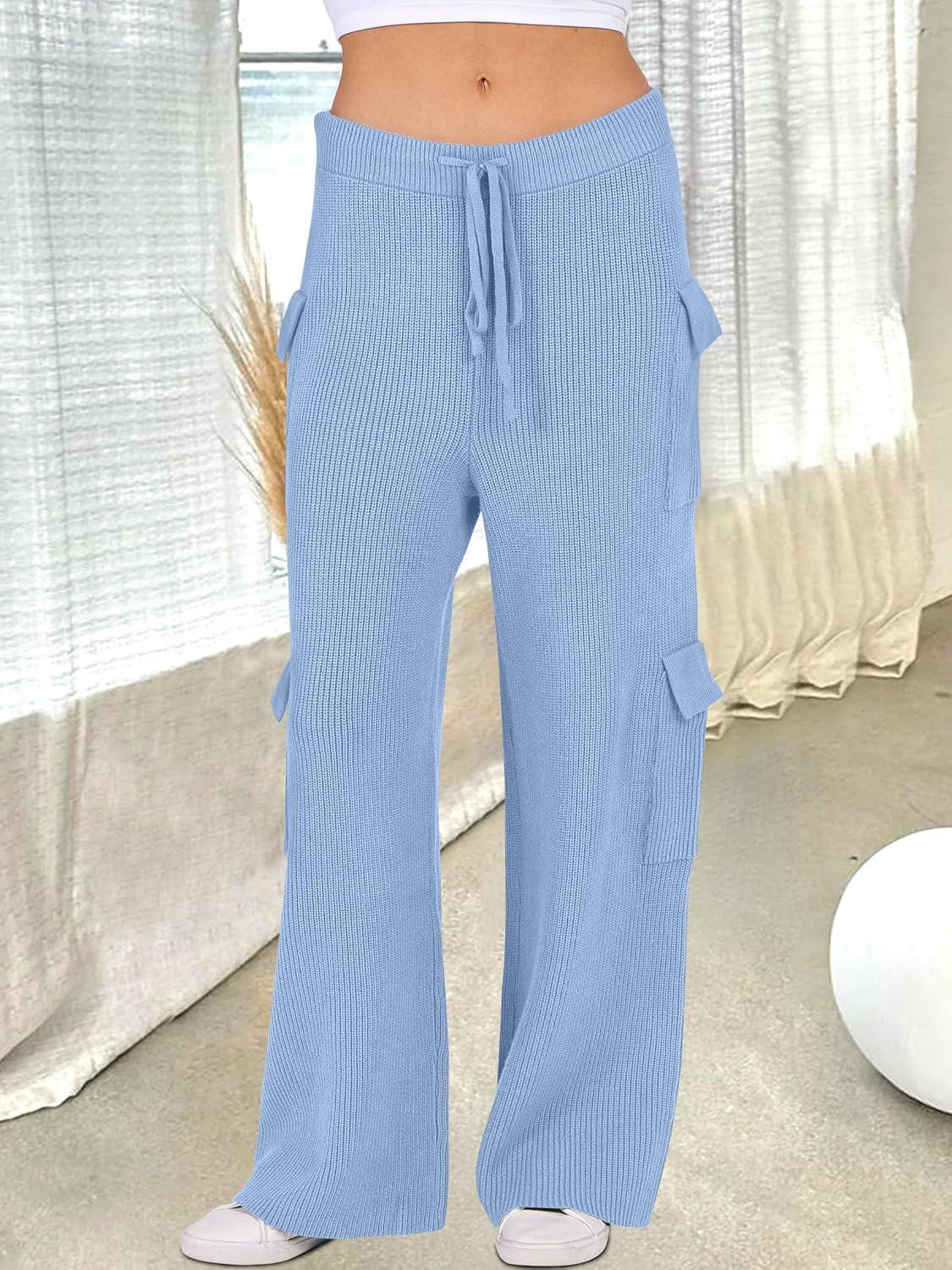 imageANRABESS Womens Two Piece Outfits Casual Knit Hooded Sweater Straight Leg Pants Set 2025 Fall Lounge Travel ClothesLight Blue