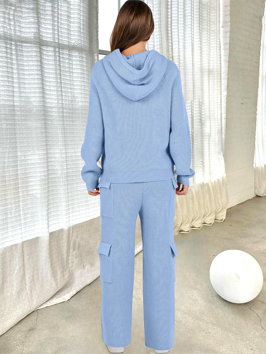 imageANRABESS Womens Two Piece Outfits Casual Knit Hooded Sweater Straight Leg Pants Set 2025 Fall Lounge Travel ClothesLight Blue