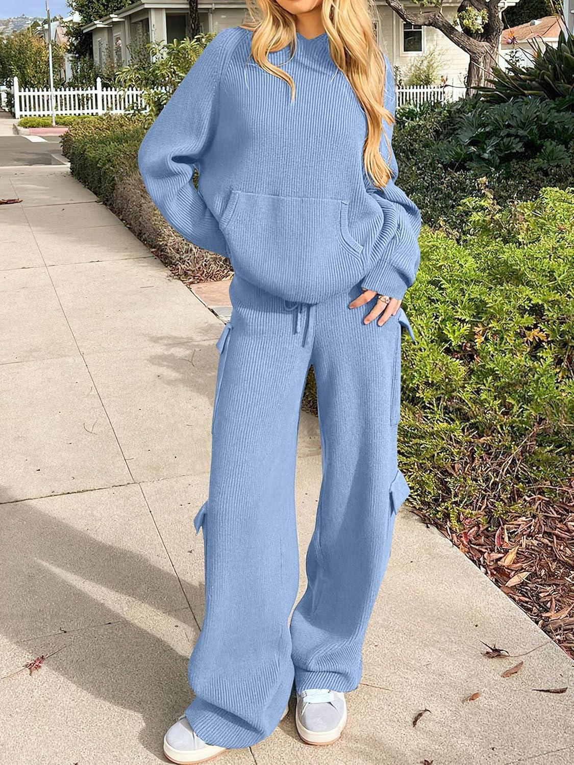 imageANRABESS Womens Two Piece Outfits Casual Knit Hooded Sweater Straight Leg Pants Set 2025 Fall Lounge Travel ClothesLight Blue