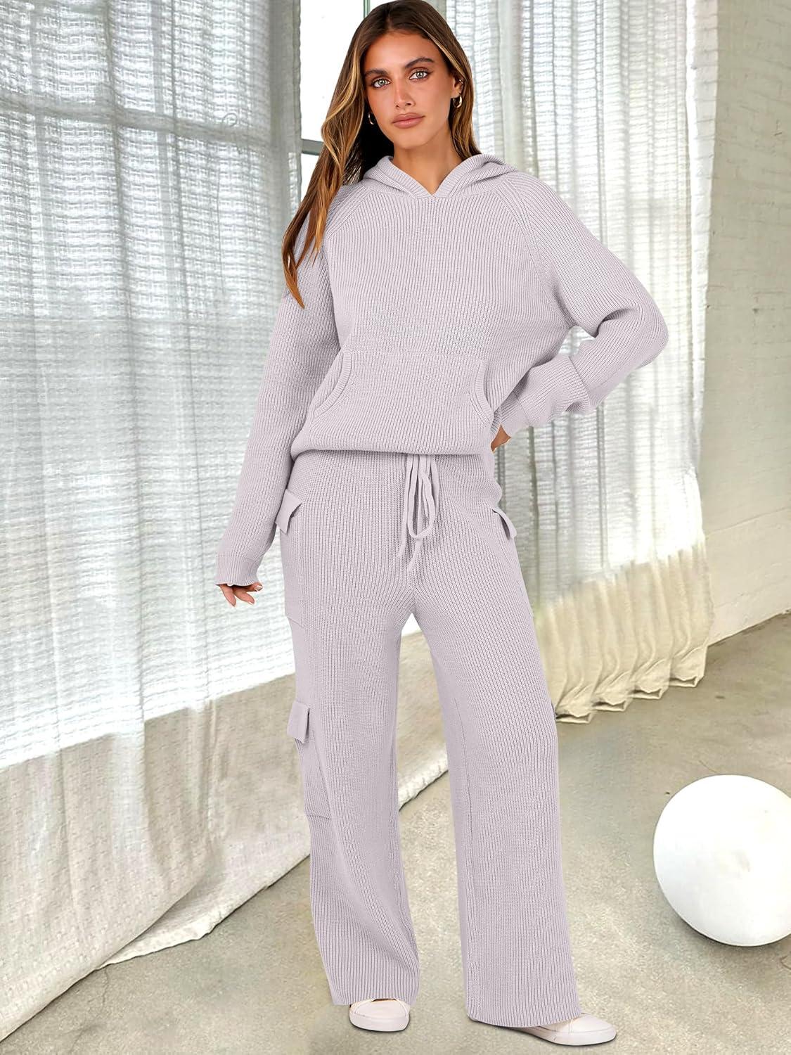 imageANRABESS Womens Two Piece Outfits Casual Knit Hooded Sweater Straight Leg Pants Set 2025 Fall Lounge Travel ClothesLight Grey