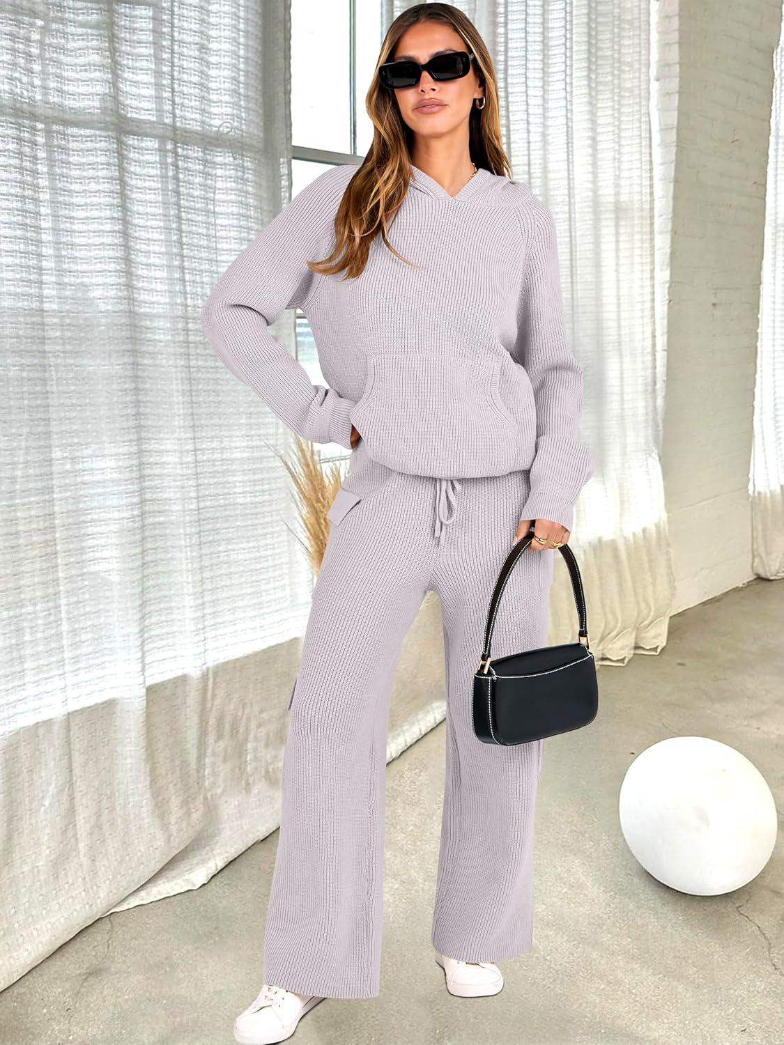 imageANRABESS Womens Two Piece Outfits Casual Knit Hooded Sweater Straight Leg Pants Set 2025 Fall Lounge Travel ClothesLight Grey