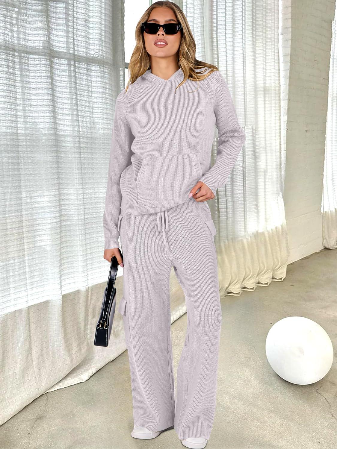 imageANRABESS Womens Two Piece Outfits Casual Knit Hooded Sweater Straight Leg Pants Set 2025 Fall Lounge Travel ClothesLight Grey