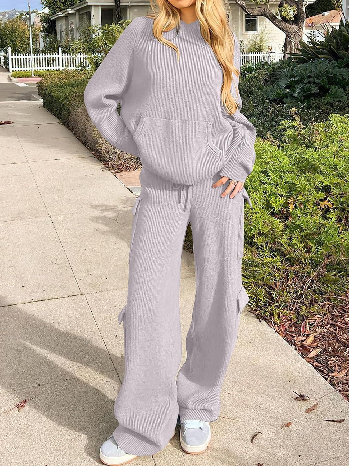 imageANRABESS Womens Two Piece Outfits Casual Knit Hooded Sweater Straight Leg Pants Set 2025 Fall Lounge Travel ClothesLight Grey