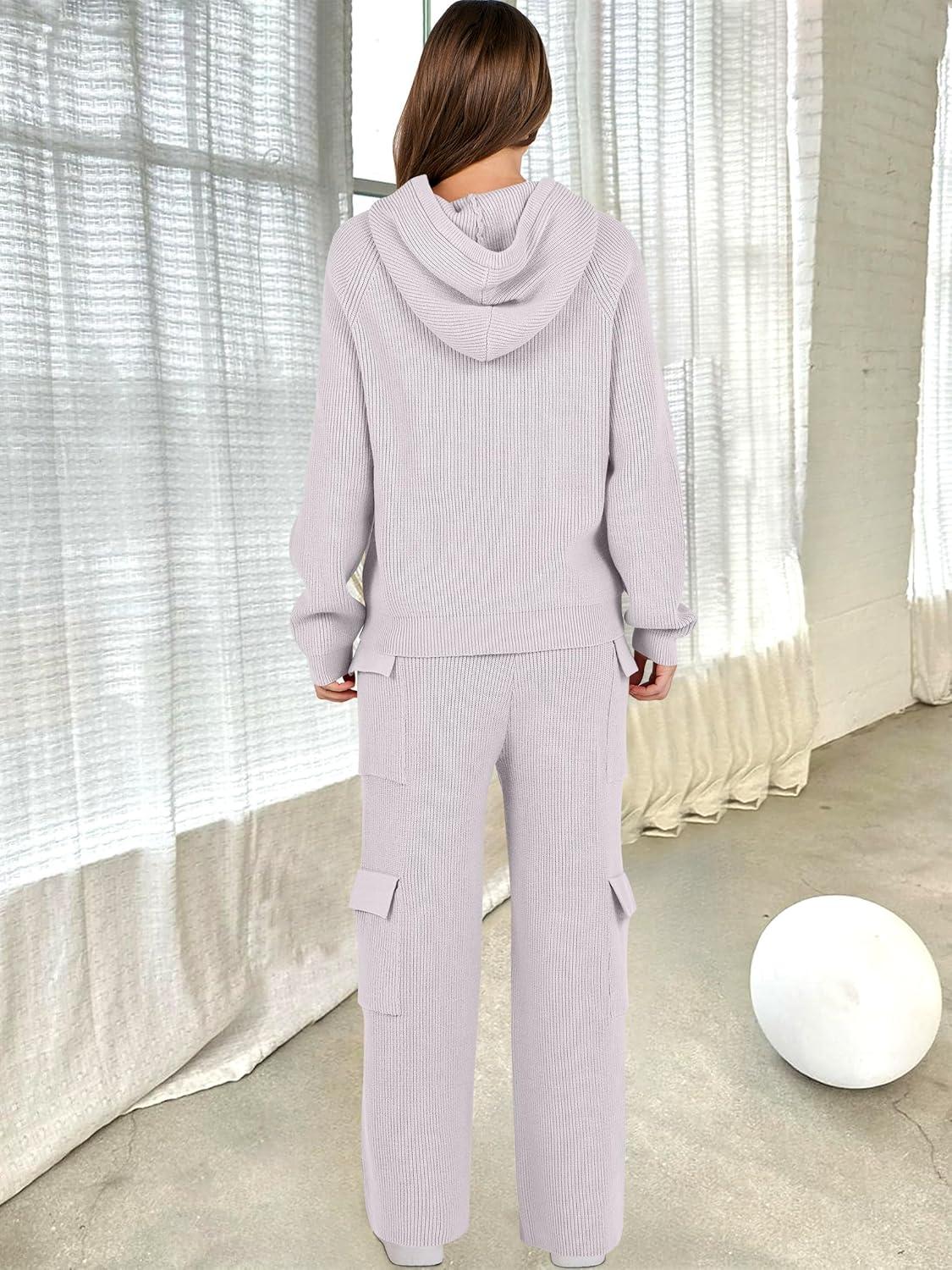 imageANRABESS Womens Two Piece Outfits Casual Knit Hooded Sweater Straight Leg Pants Set 2025 Fall Lounge Travel ClothesLight Grey