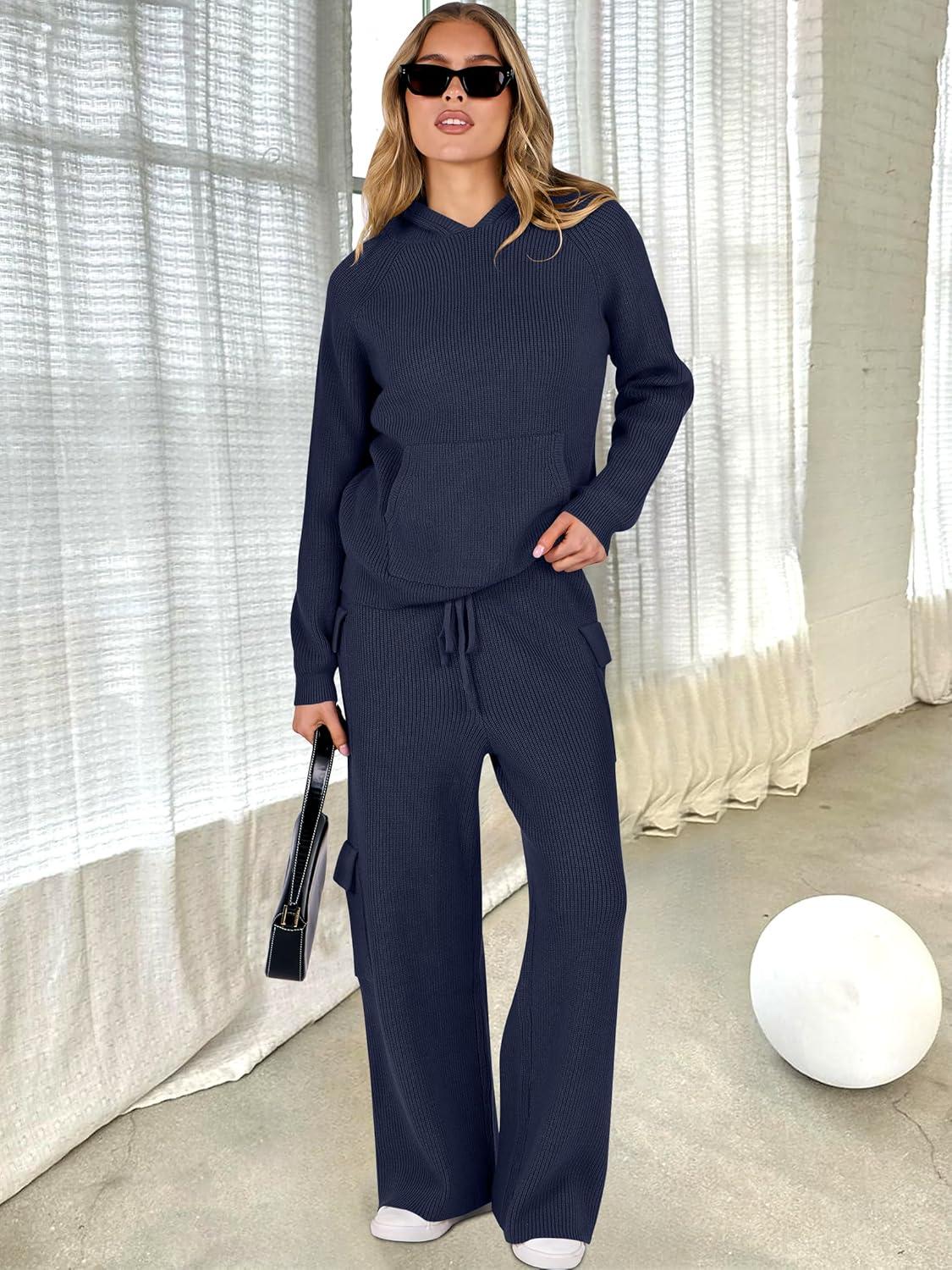 imageANRABESS Womens Two Piece Outfits Casual Knit Hooded Sweater Straight Leg Pants Set 2025 Fall Lounge Travel ClothesNavy Blue